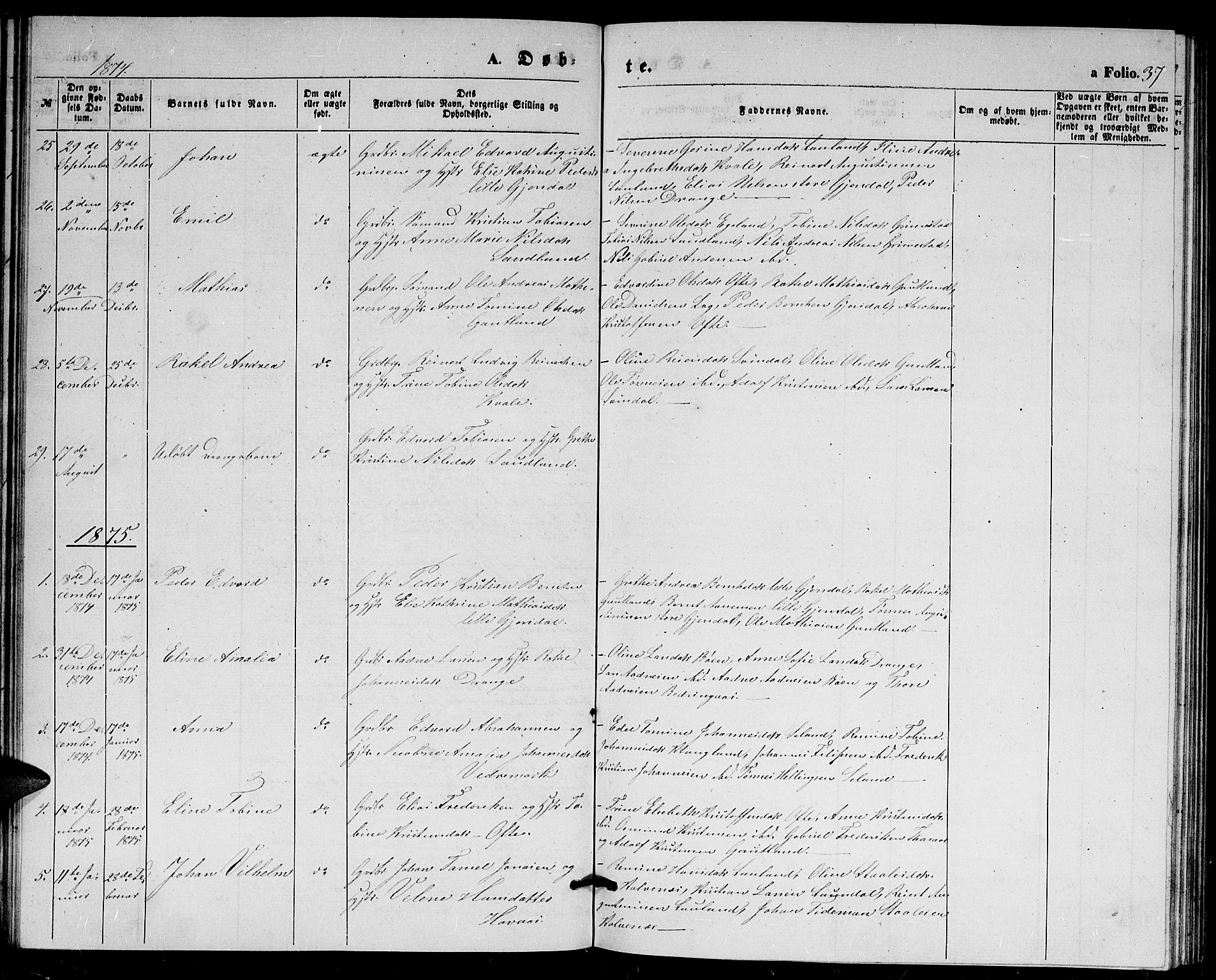 Herad sokneprestkontor, AV/SAK-1111-0018/F/Fb/Fba/L0003: Parish register (copy) no. B 3, 1863-1883, p. 37