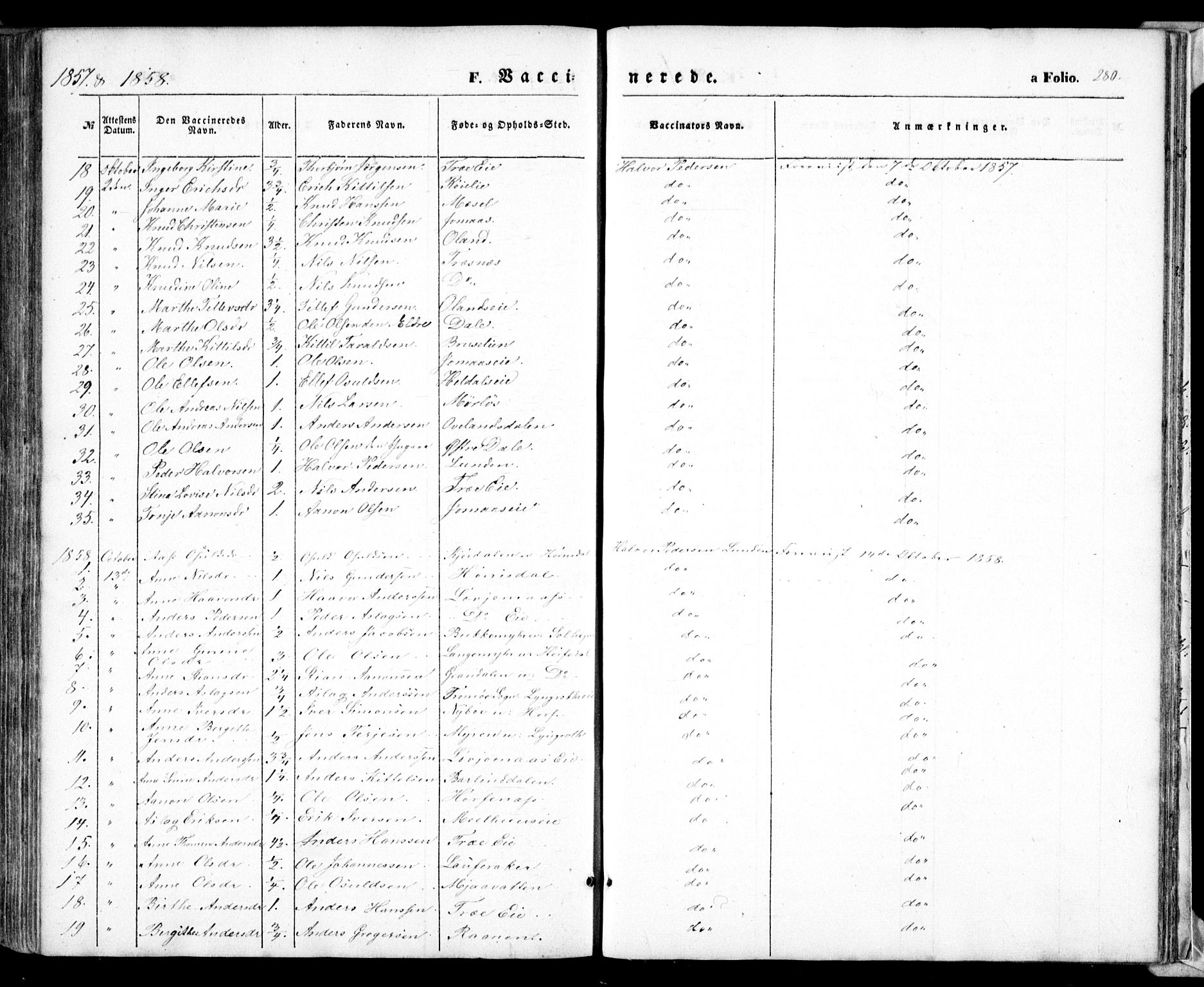 Froland sokneprestkontor, AV/SAK-1111-0013/F/Fa/L0002: Parish register (official) no. A 2, 1845-1863, p. 280