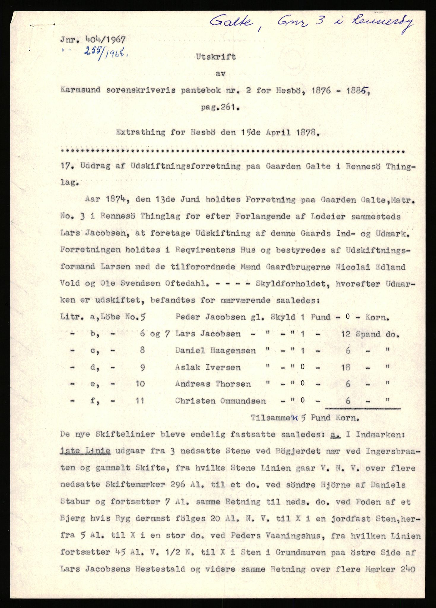 Statsarkivet i Stavanger, SAST/A-101971/03/Y/Yj/L0024: Avskrifter sortert etter gårdsnavn: Fæøen - Garborg, 1750-1930, p. 445