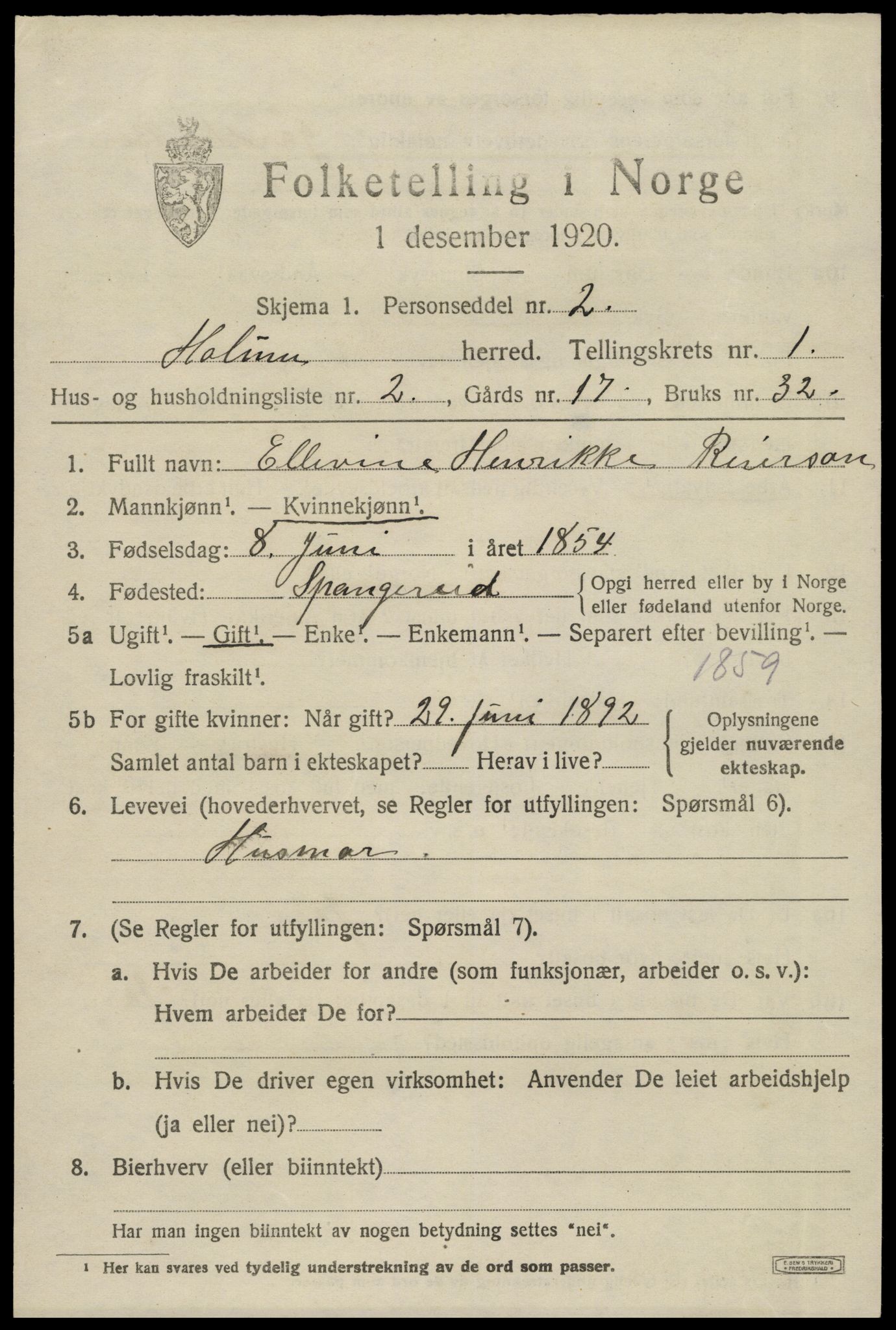 SAK, 1920 census for Holum, 1920, p. 719