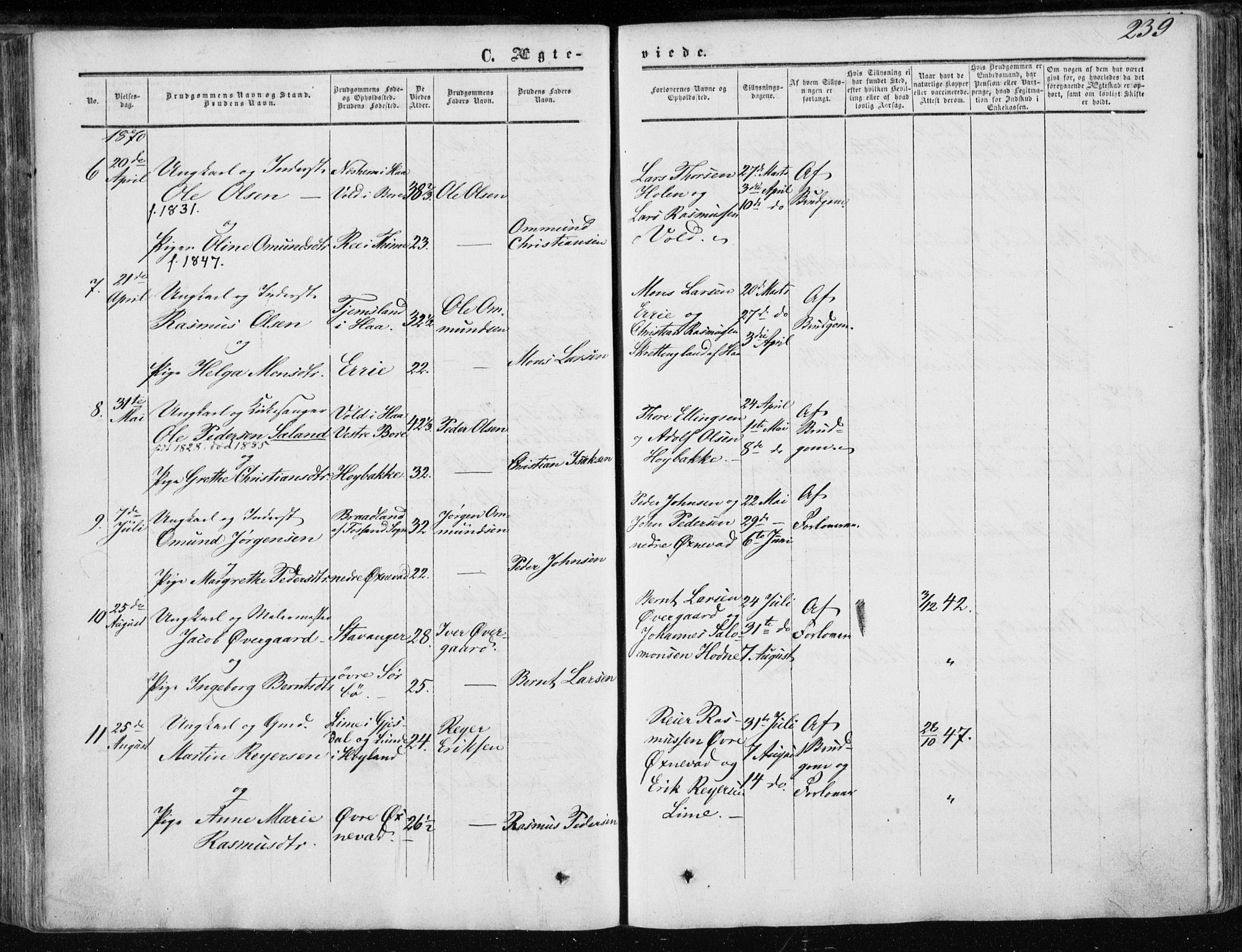 Klepp sokneprestkontor, AV/SAST-A-101803/001/3/30BA/L0005: Parish register (official) no. A 5, 1853-1870, p. 239