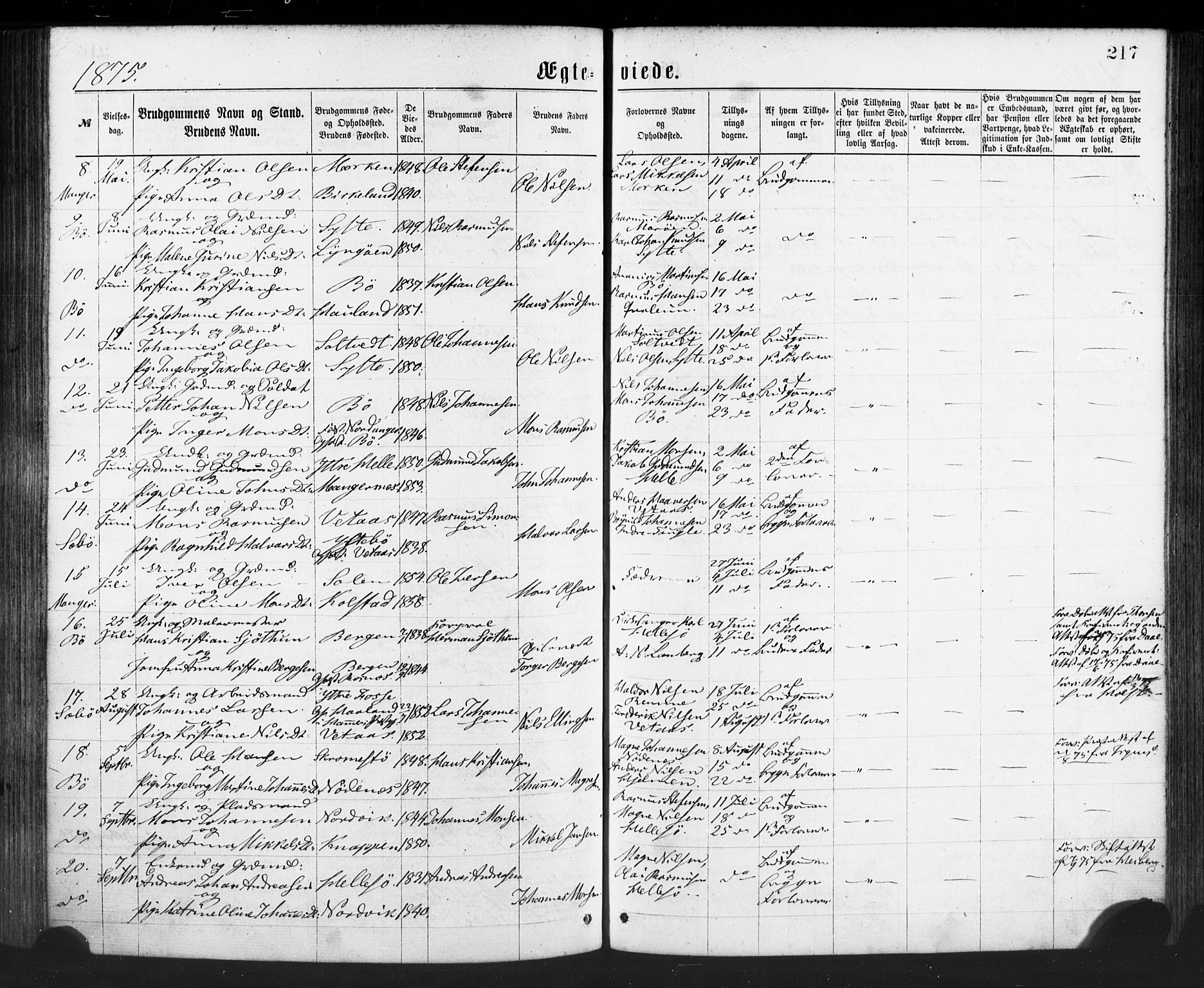 Manger sokneprestembete, SAB/A-76801/H/Haa: Parish register (official) no. A 8, 1871-1880, p. 217