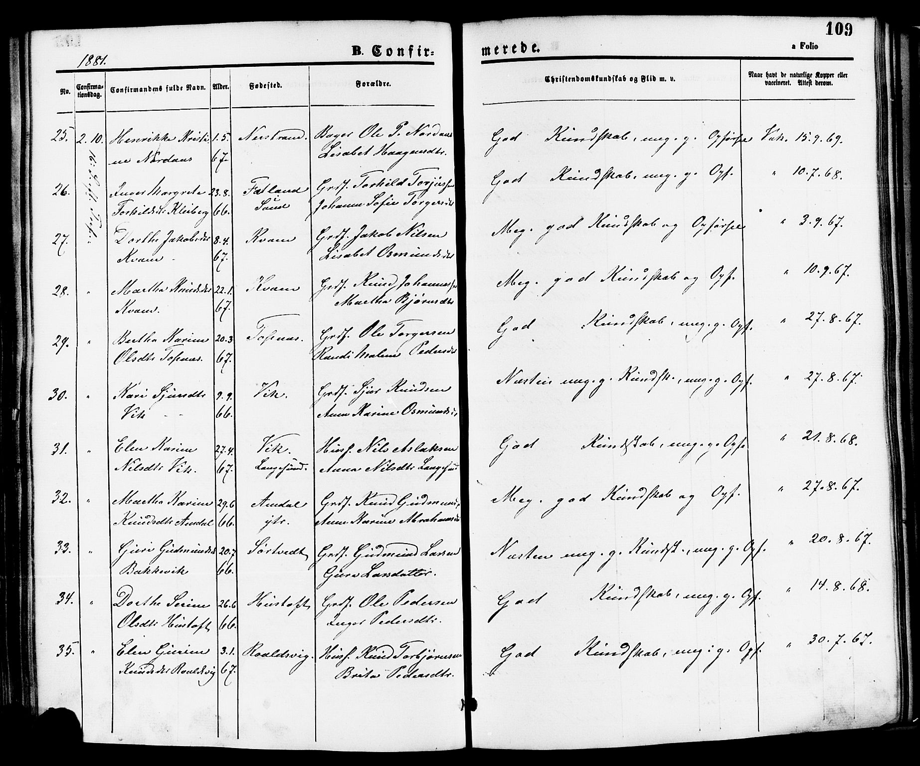 Nedstrand sokneprestkontor, SAST/A-101841/01/IV: Parish register (official) no. A 11, 1877-1887, p. 109