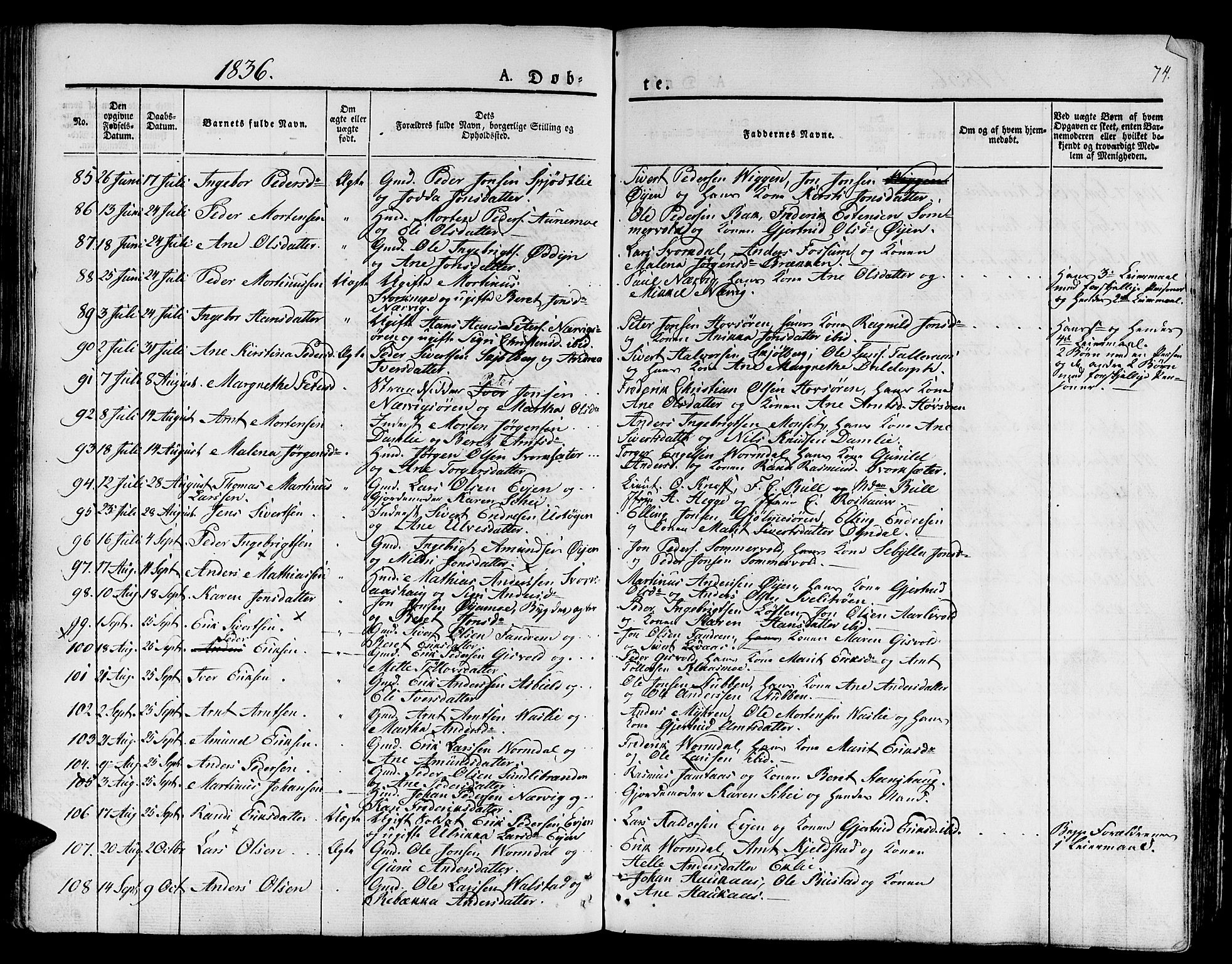 Ministerialprotokoller, klokkerbøker og fødselsregistre - Sør-Trøndelag, SAT/A-1456/668/L0804: Parish register (official) no. 668A04, 1826-1839, p. 74
