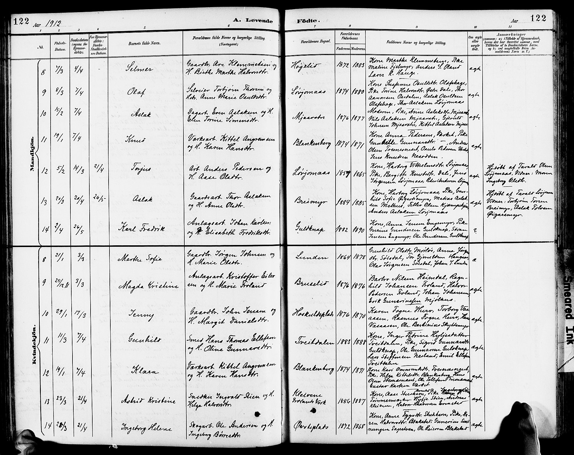 Froland sokneprestkontor, SAK/1111-0013/F/Fb/L0010: Parish register (copy) no. B 10, 1893-1920, p. 122