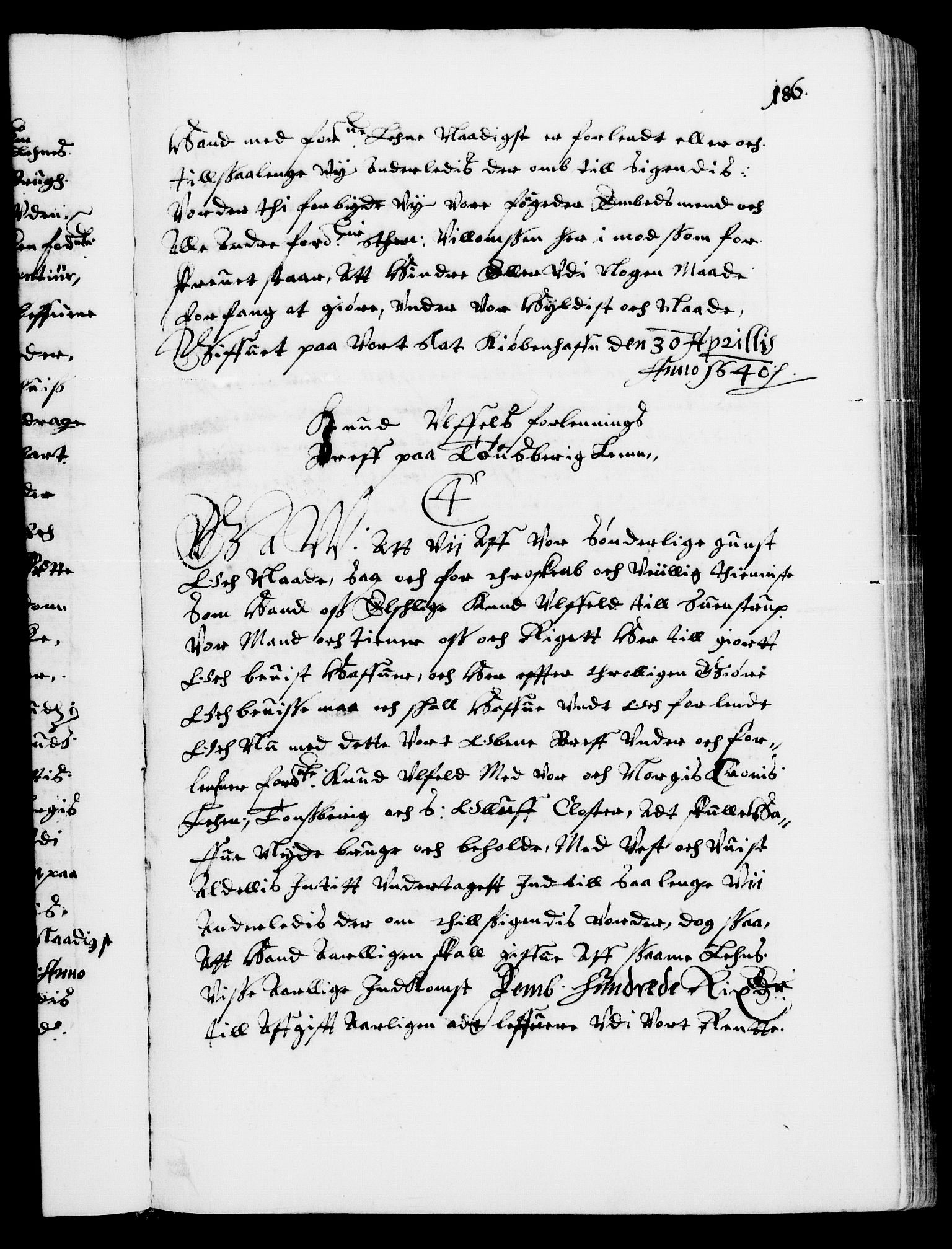Danske Kanselli 1572-1799, RA/EA-3023/F/Fc/Fca/Fcaa/L0006: Norske registre (mikrofilm), 1637-1642, p. 186a
