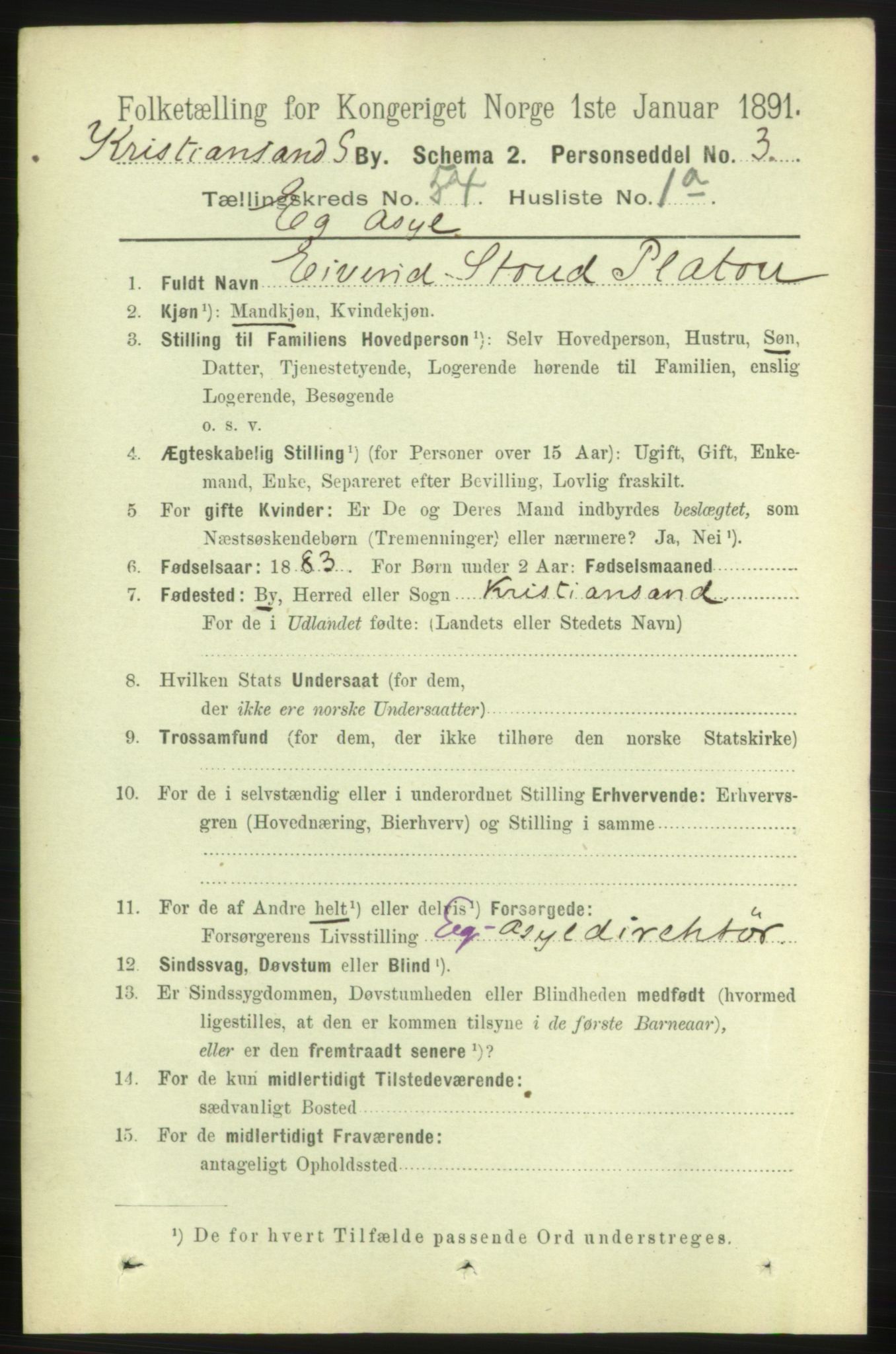 RA, 1891 census for 1001 Kristiansand, 1891, p. 15367