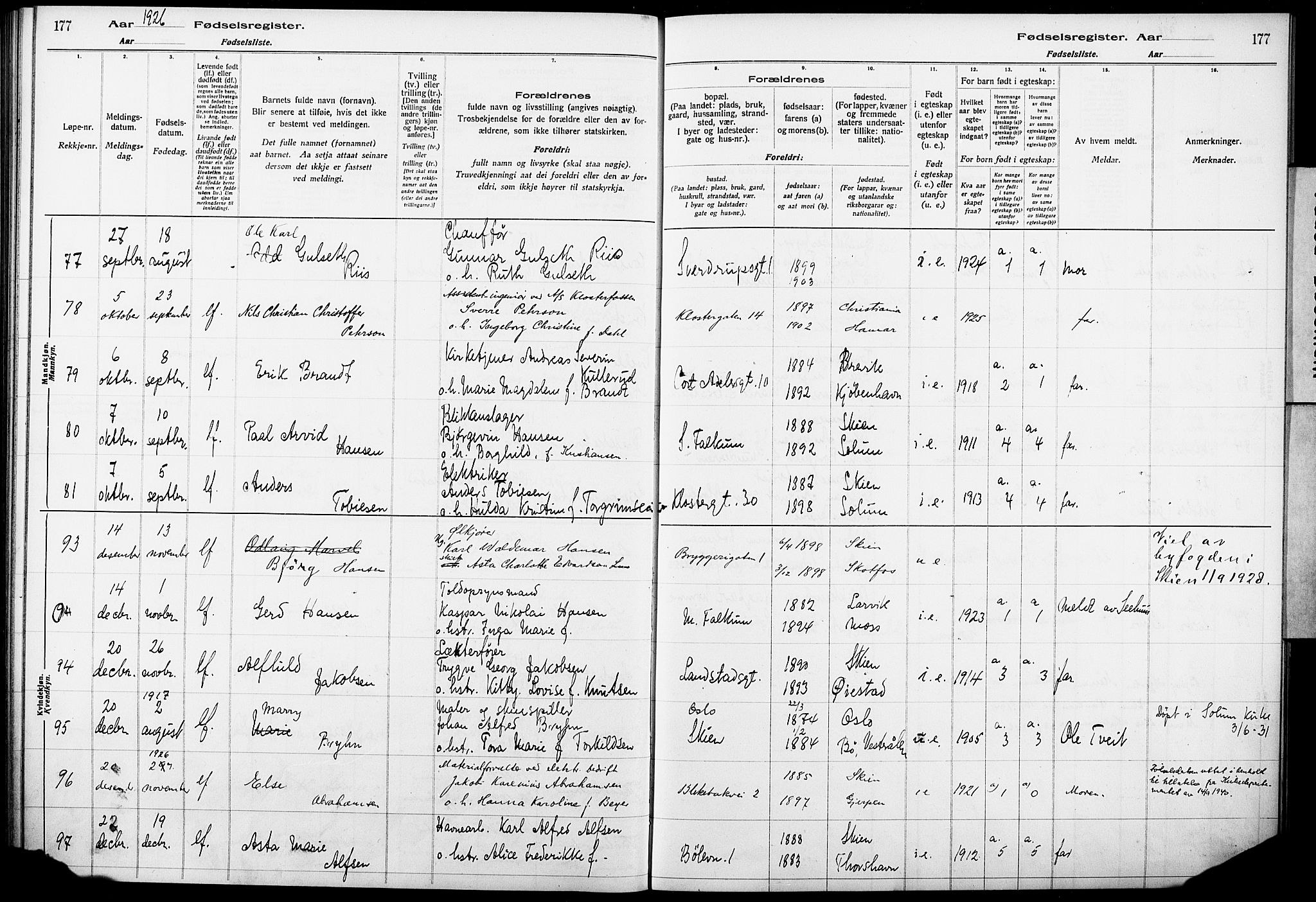 Skien kirkebøker, SAKO/A-302/J/Ja/L0002: Birth register no. 2, 1921-1927, p. 177