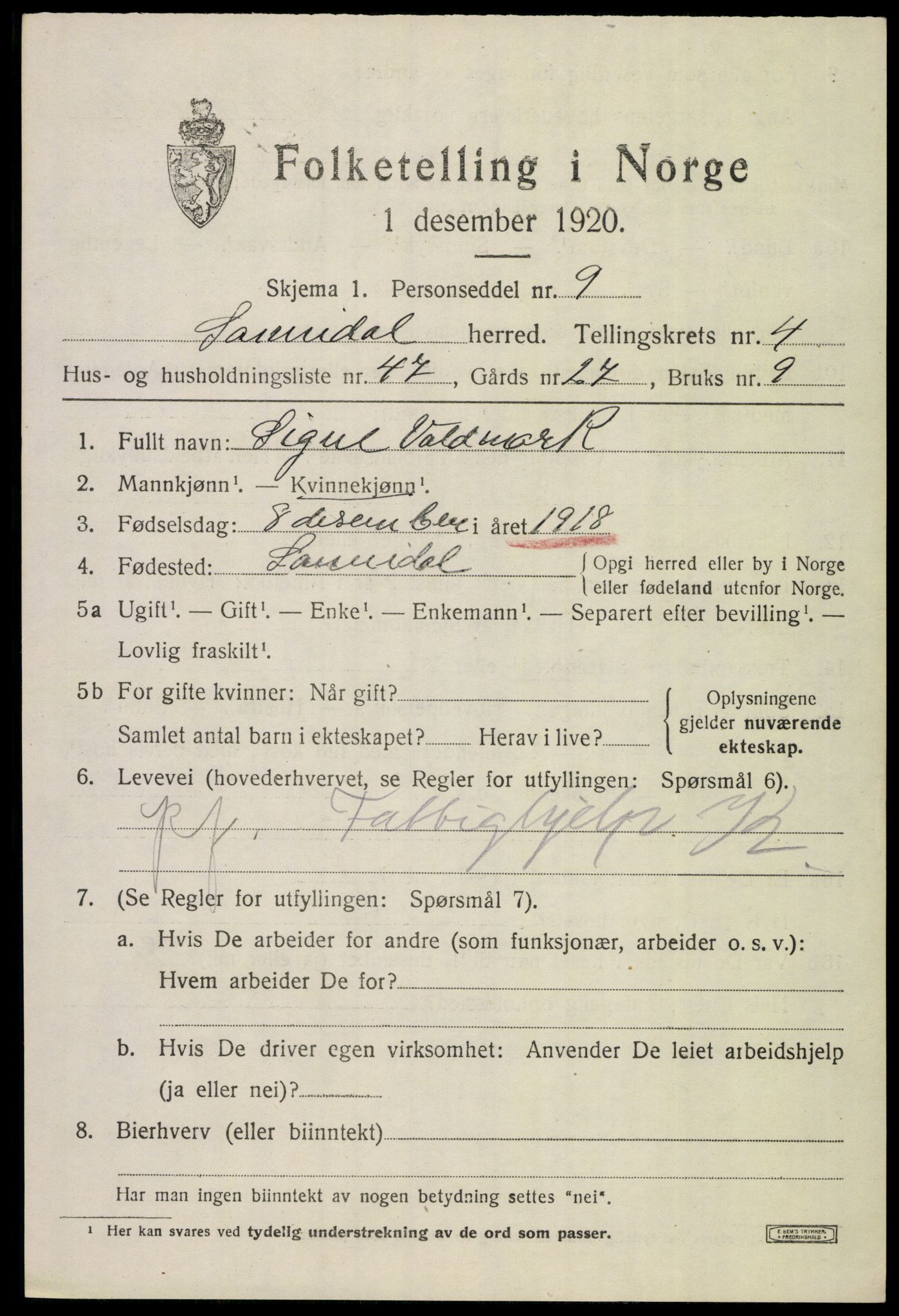 SAKO, 1920 census for Sannidal, 1920, p. 4063