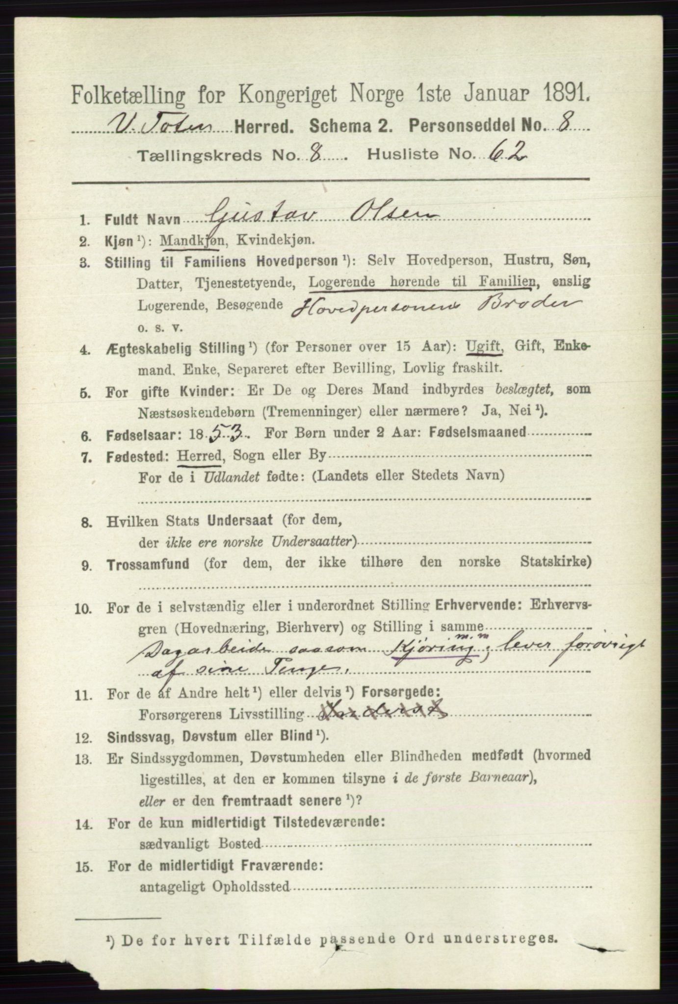 RA, 1891 census for 0529 Vestre Toten, 1891, p. 5362