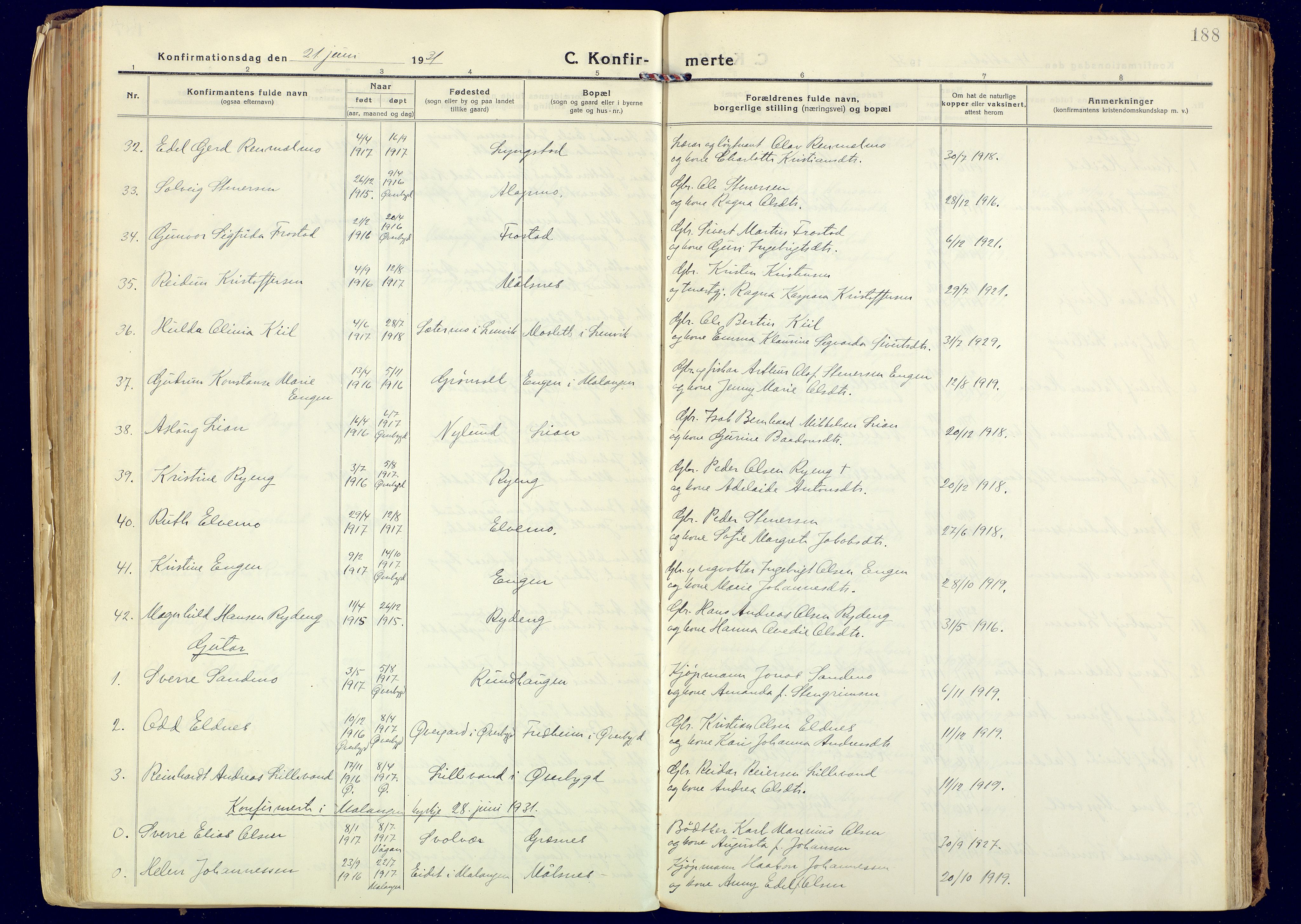 Målselv sokneprestembete, AV/SATØ-S-1311/G/Ga/Gaa/L0014kirke: Parish register (official) no. 14, 1919-1932, p. 188