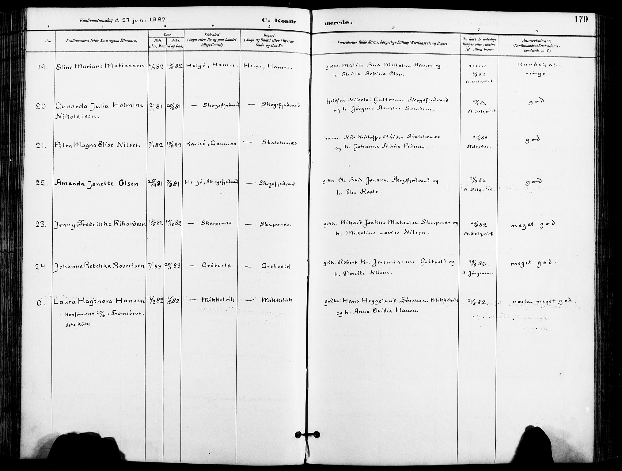 Karlsøy sokneprestembete, AV/SATØ-S-1299/H/Ha/Haa/L0007kirke: Parish register (official) no. 7, 1891-1902, p. 179