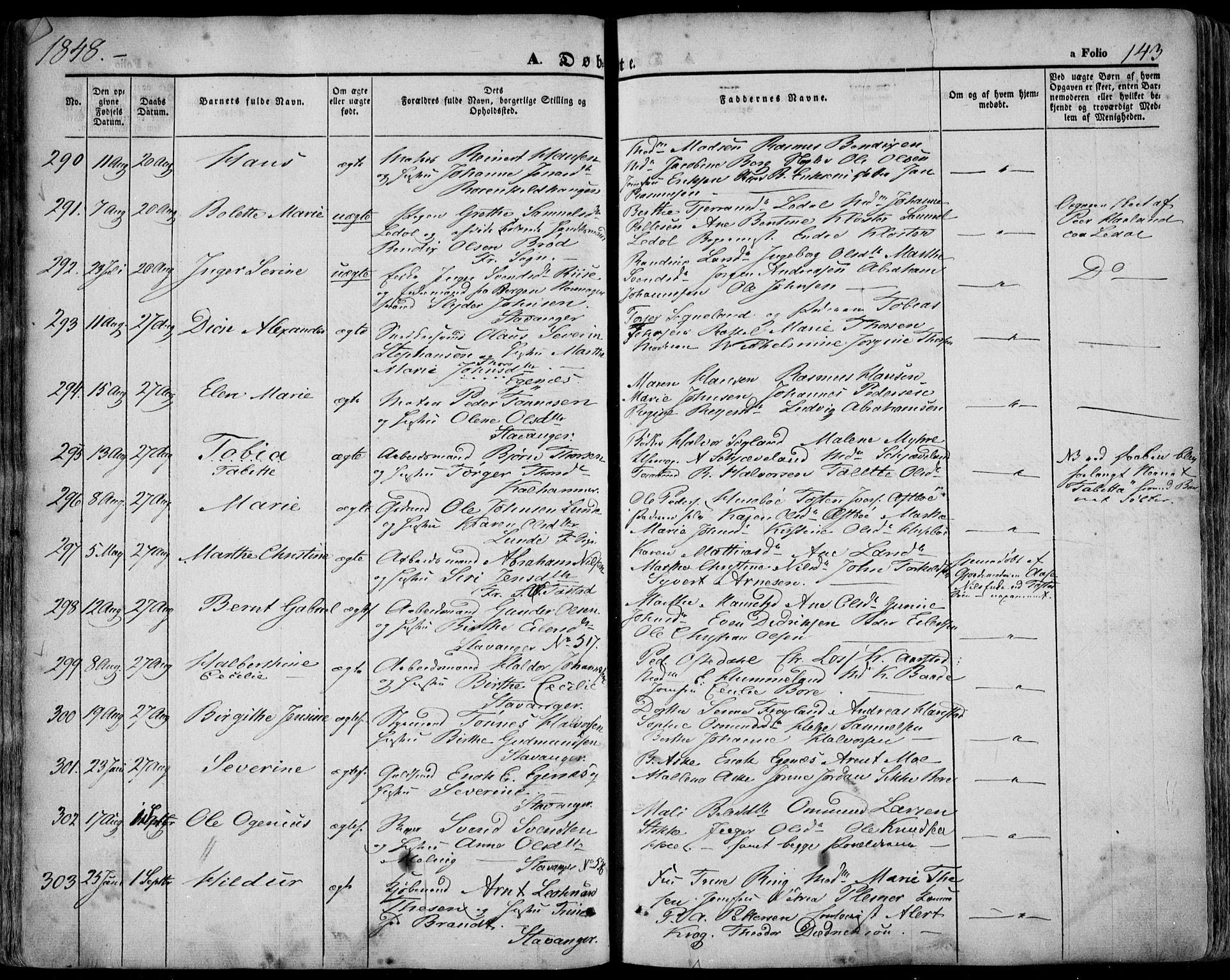 Domkirken sokneprestkontor, AV/SAST-A-101812/001/30/30BA/L0016: Parish register (official) no. A 15, 1844-1854, p. 143