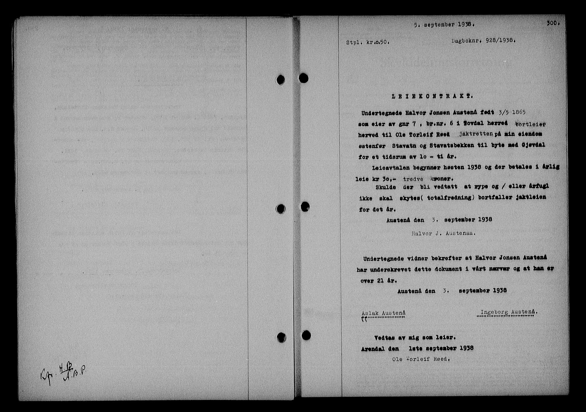 Nedenes sorenskriveri, SAK/1221-0006/G/Gb/Gba/L0045: Mortgage book no. 41, 1938-1938, Diary no: : 928/1938