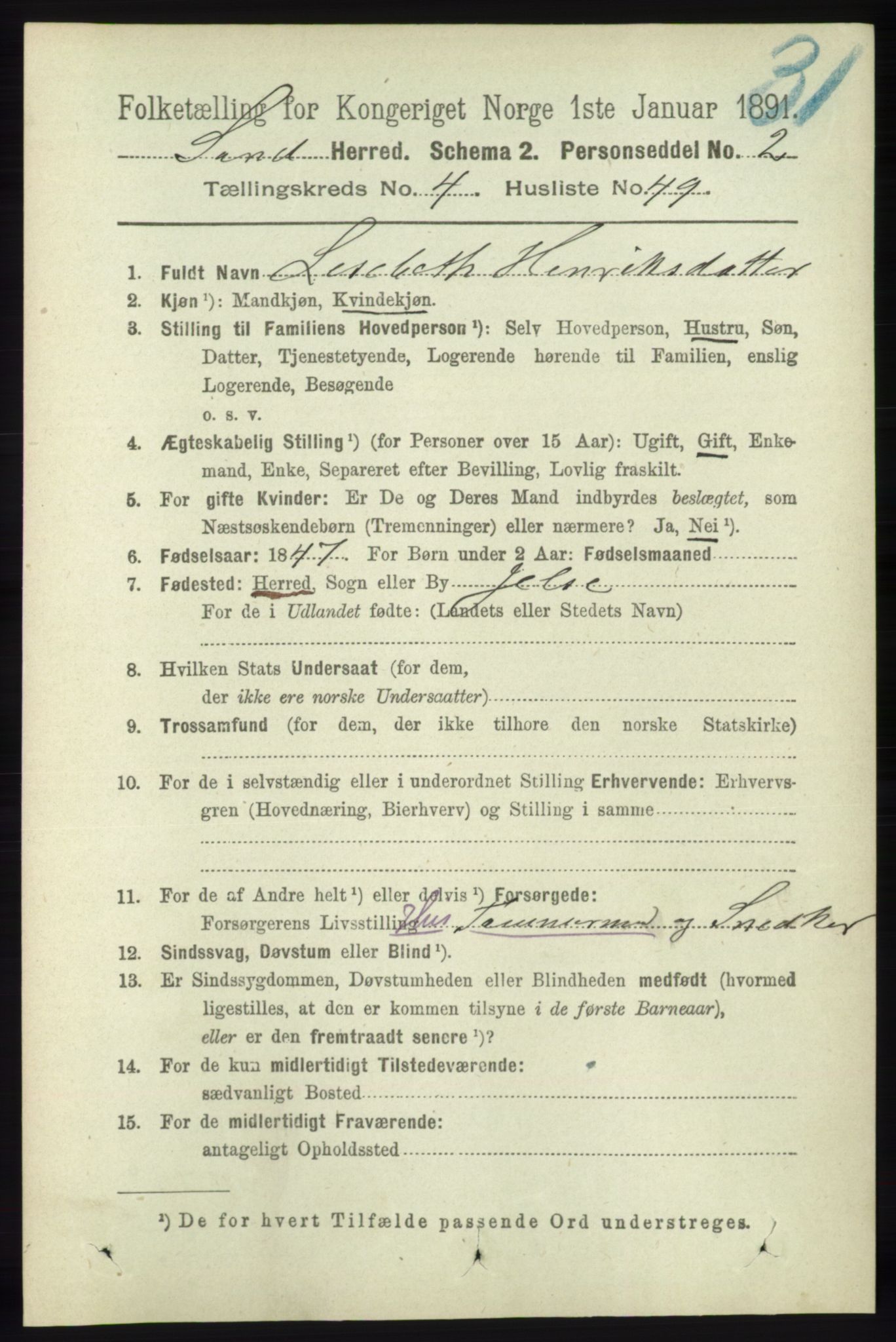 RA, 1891 census for 1136 Sand, 1891, p. 1473