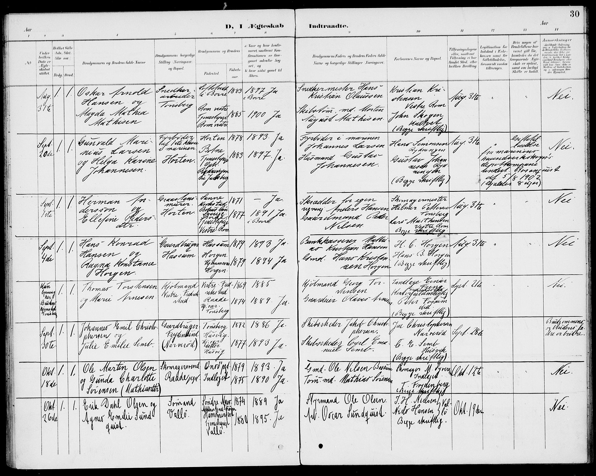 Sem kirkebøker, AV/SAKO-A-5/H/Ha/L0001: Banns register no. 1, 1894-1909, p. 30