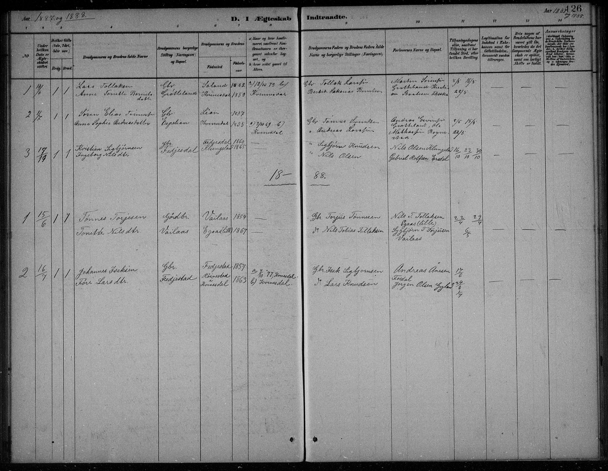 Bakke sokneprestkontor, SAK/1111-0002/F/Fb/Fbb/L0003: Parish register (copy) no. B 3, 1878-1896, p. 126