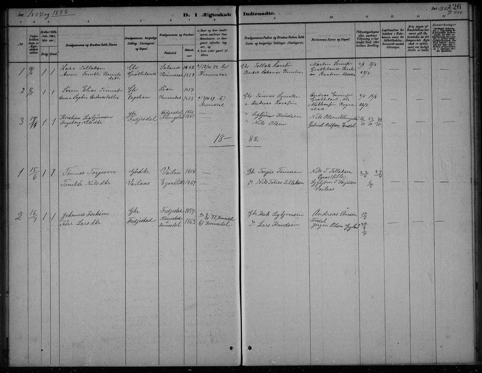 Bakke sokneprestkontor, AV/SAK-1111-0002/F/Fb/Fbb/L0003: Parish register (copy) no. B 3, 1878-1896, p. 126