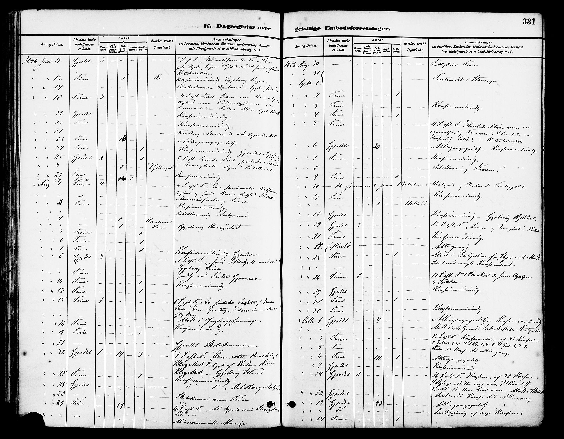 Lye sokneprestkontor, AV/SAST-A-101794/001/30BA/L0009: Parish register (official) no. A 8, 1881-1892, p. 331