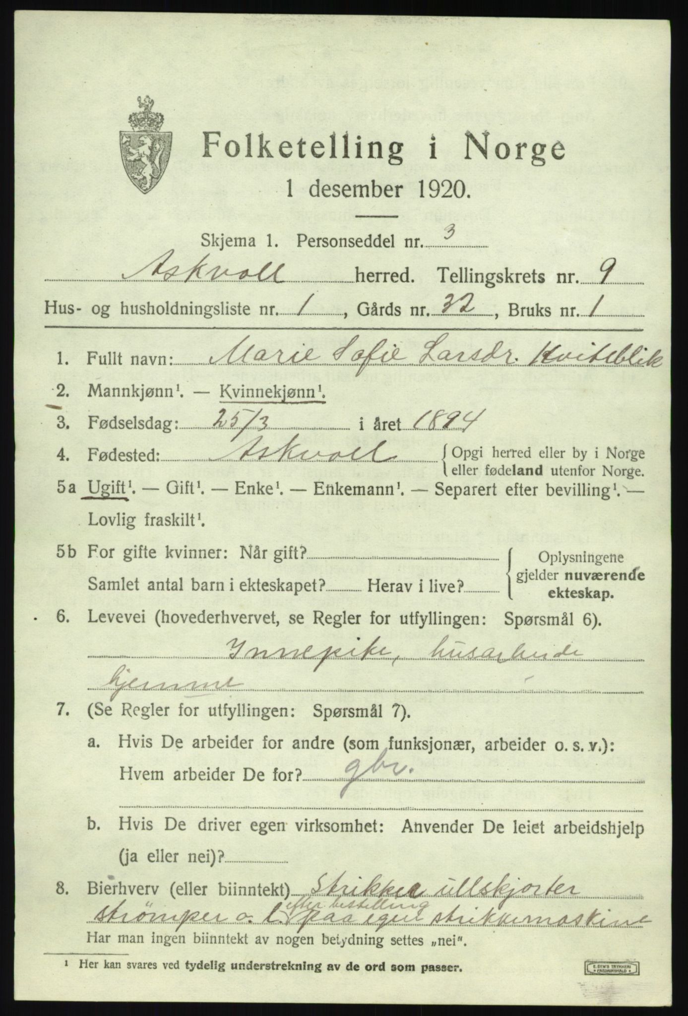 SAB, 1920 census for Askvoll, 1920, p. 3874