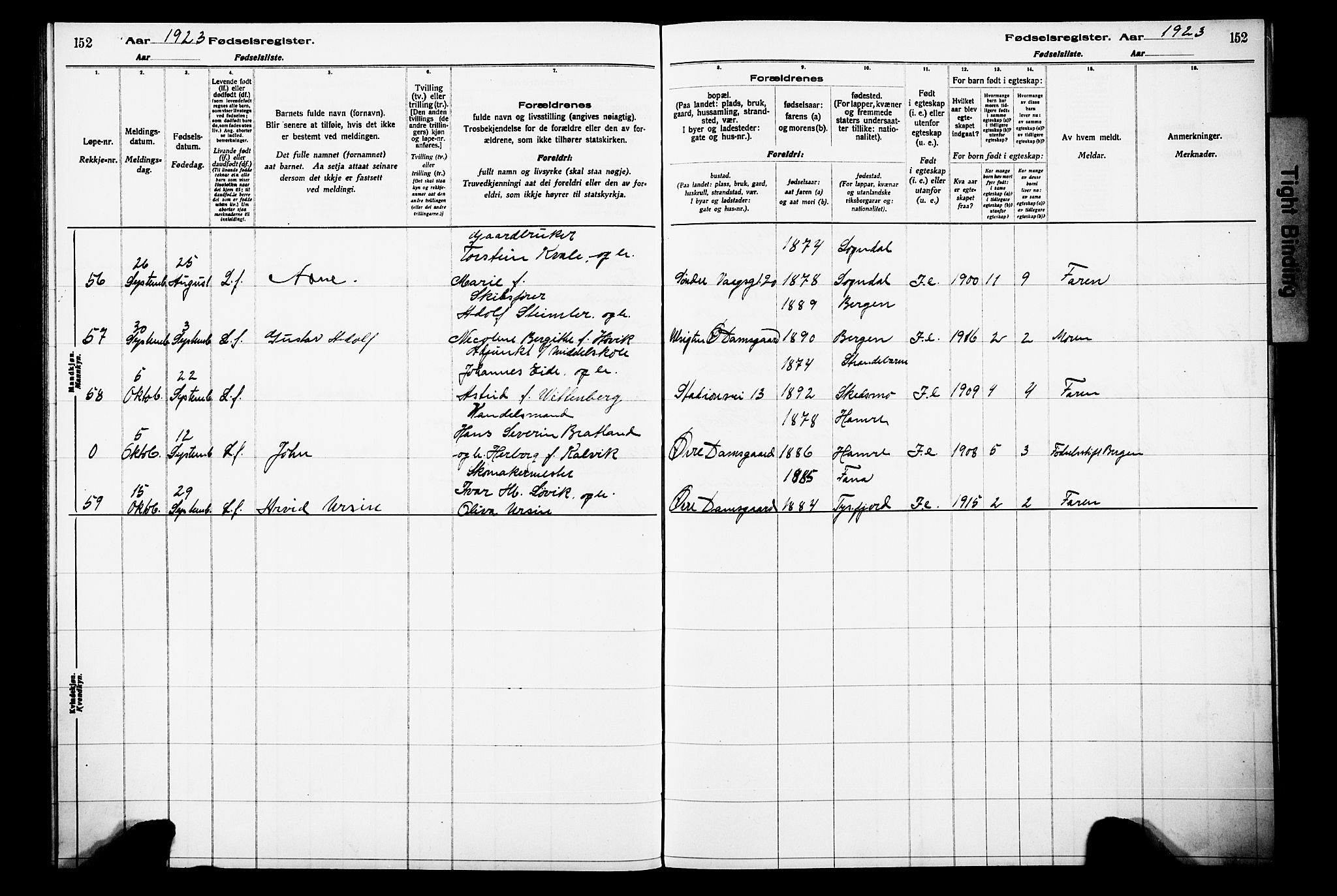 Laksevåg Sokneprestembete, SAB/A-76501/I/Id/L00A1: Birth register no. A 1, 1916-1926, p. 152