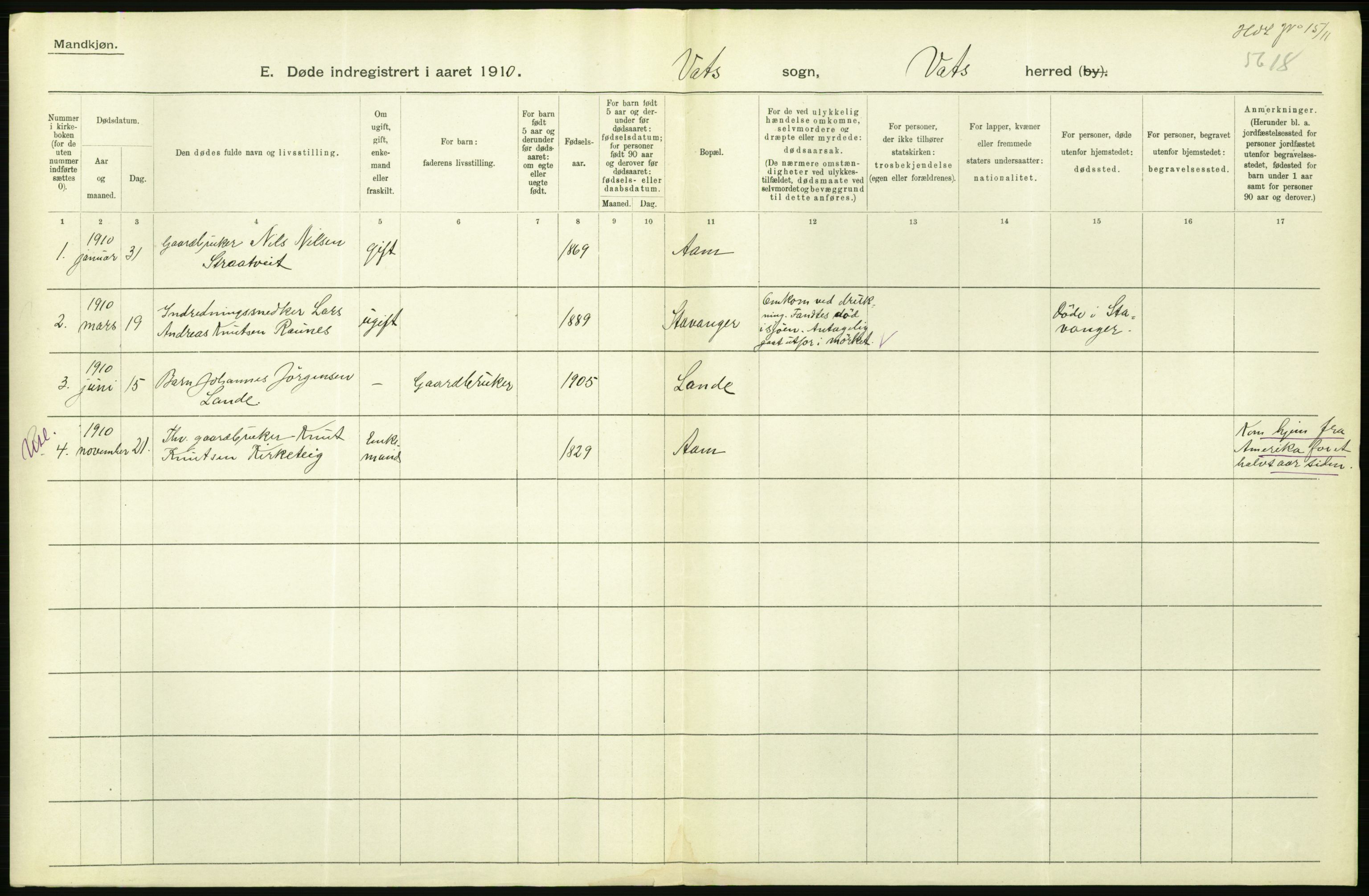 Statistisk sentralbyrå, Sosiodemografiske emner, Befolkning, RA/S-2228/D/Df/Dfa/Dfah/L0024: Stavanger amt: Døde, dødfødte. Bygder og byer., 1910, p. 170