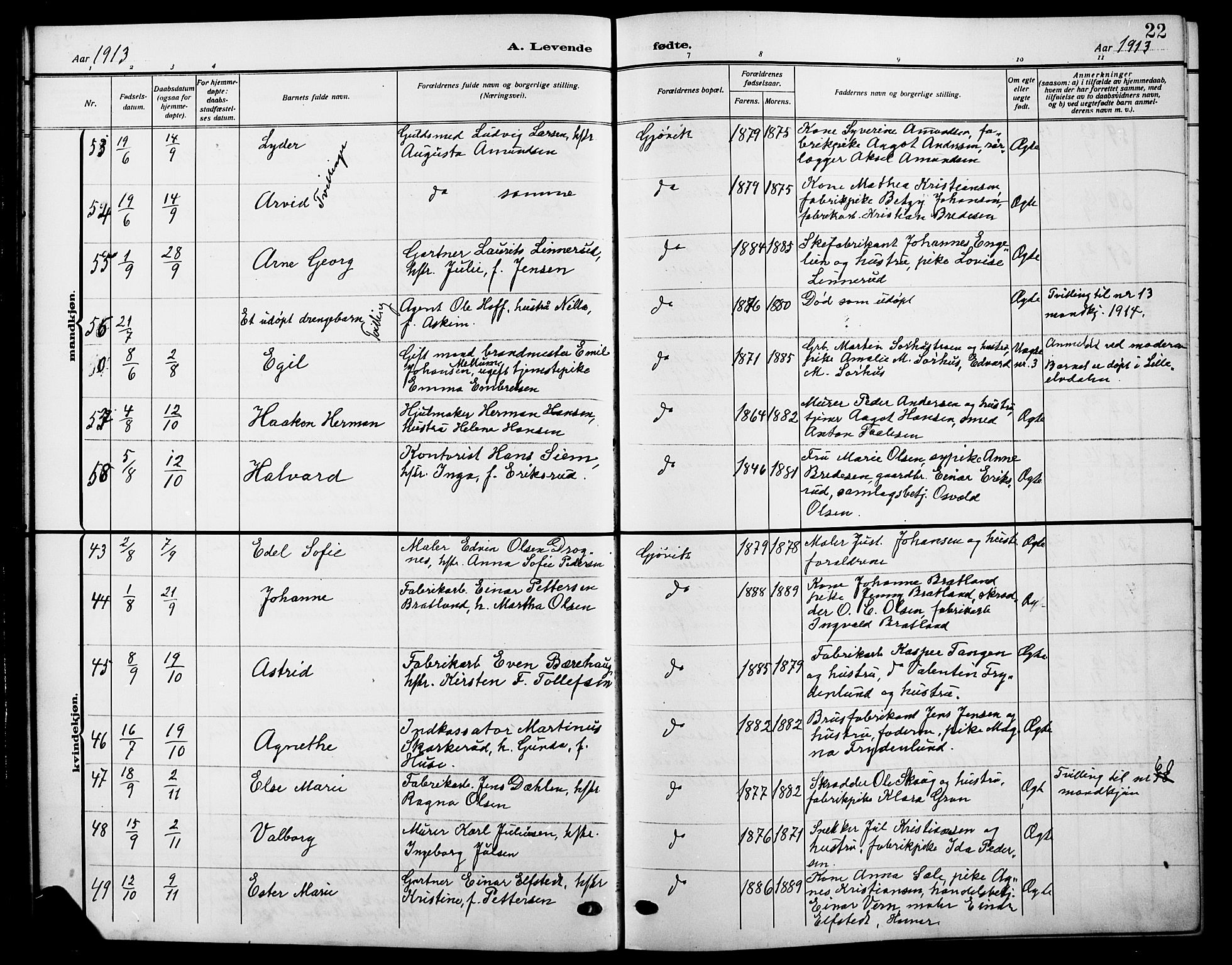 Vardal prestekontor, AV/SAH-PREST-100/H/Ha/Hab/L0014: Parish register (copy) no. 14, 1911-1922, p. 22