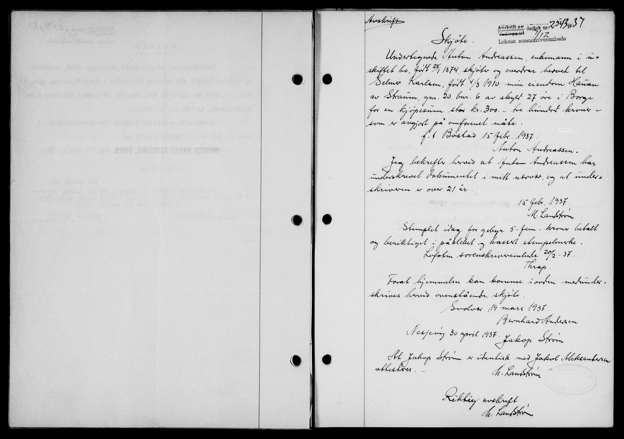 Lofoten sorenskriveri, SAT/A-0017/1/2/2C/L0003a: Mortgage book no. 3a, 1937-1938, Diary no: : 2543/1937