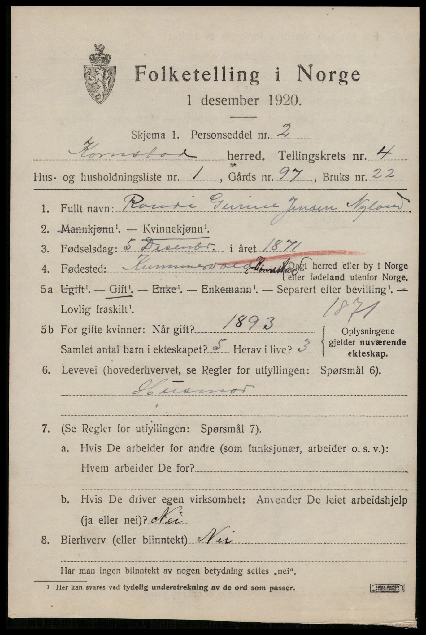 SAT, 1920 census for Kornstad, 1920, p. 2503