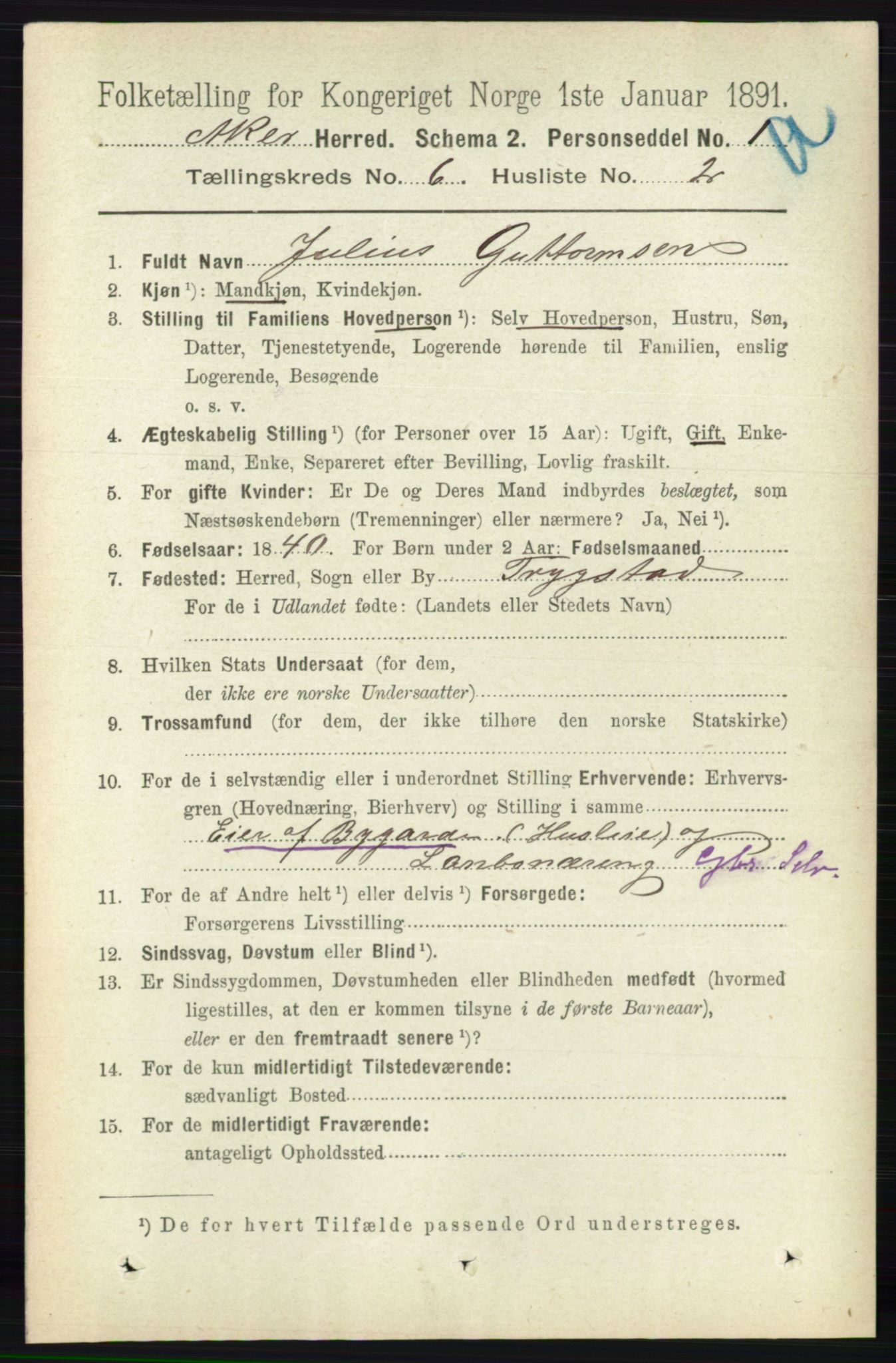 RA, 1891 census for 0218 Aker, 1891, p. 5523