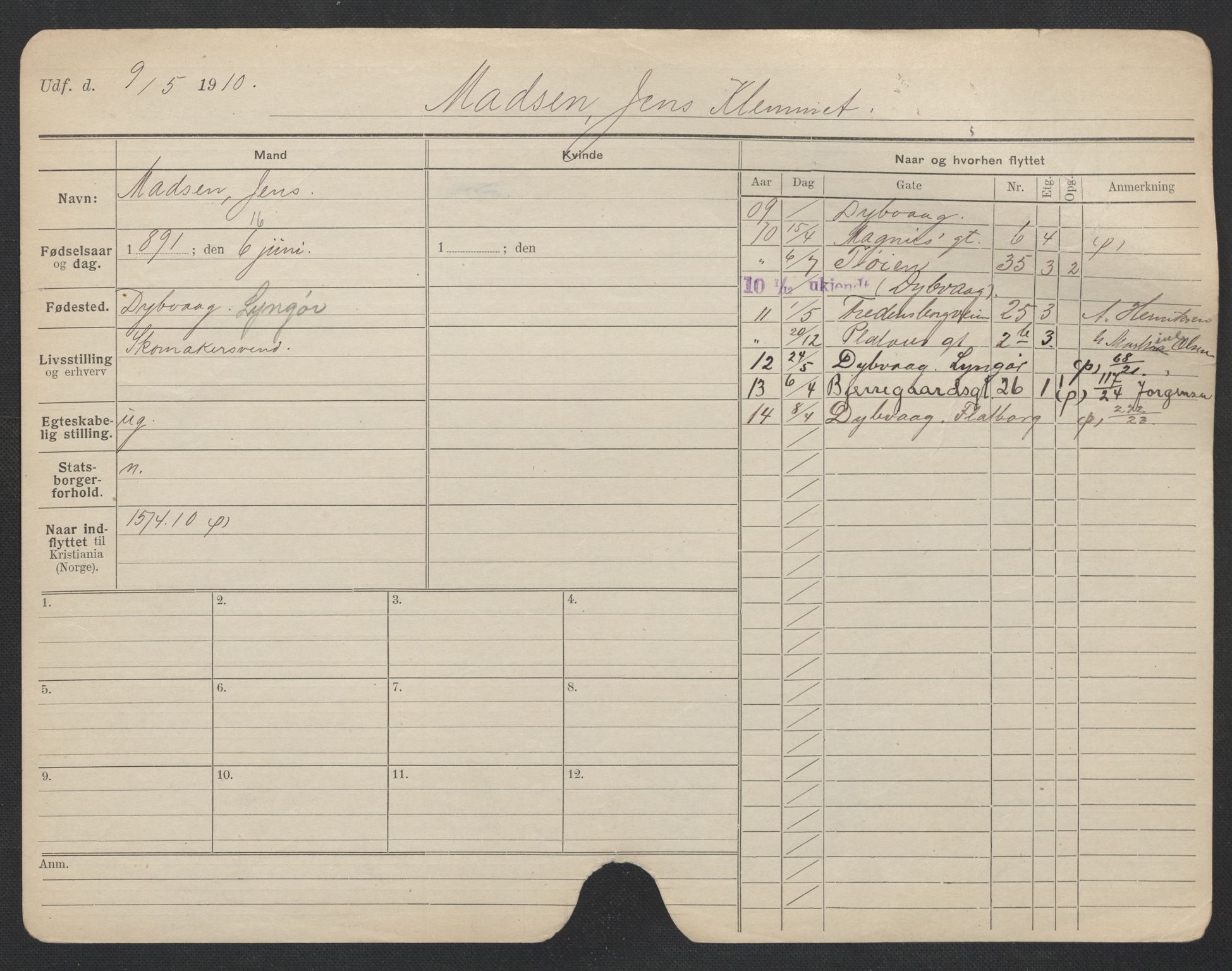 Oslo folkeregister, Registerkort, AV/SAO-A-11715/F/Fa/Fac/L0007: Menn, 1906-1914, p. 454a