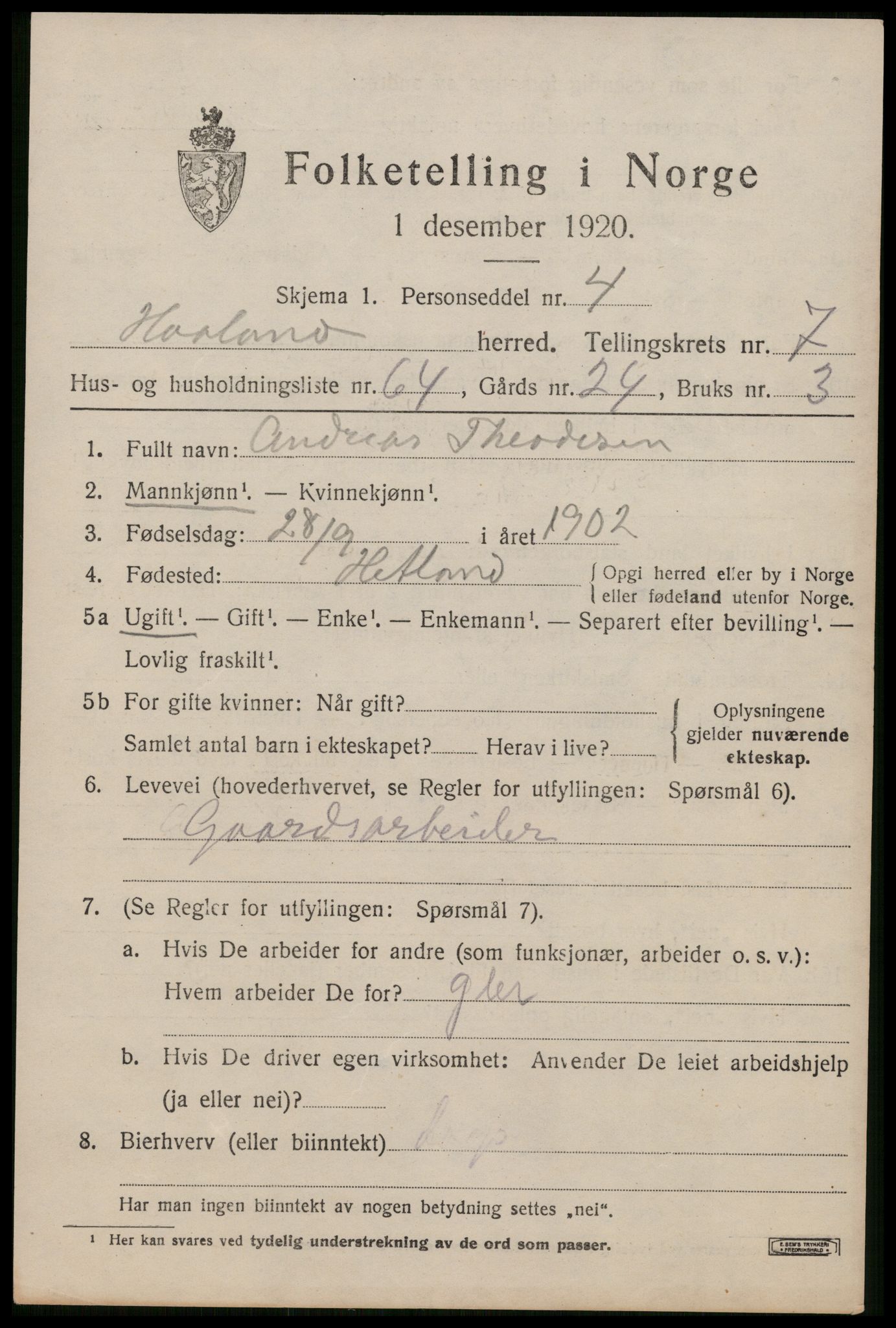 SAST, 1920 census for Håland, 1920, p. 6337