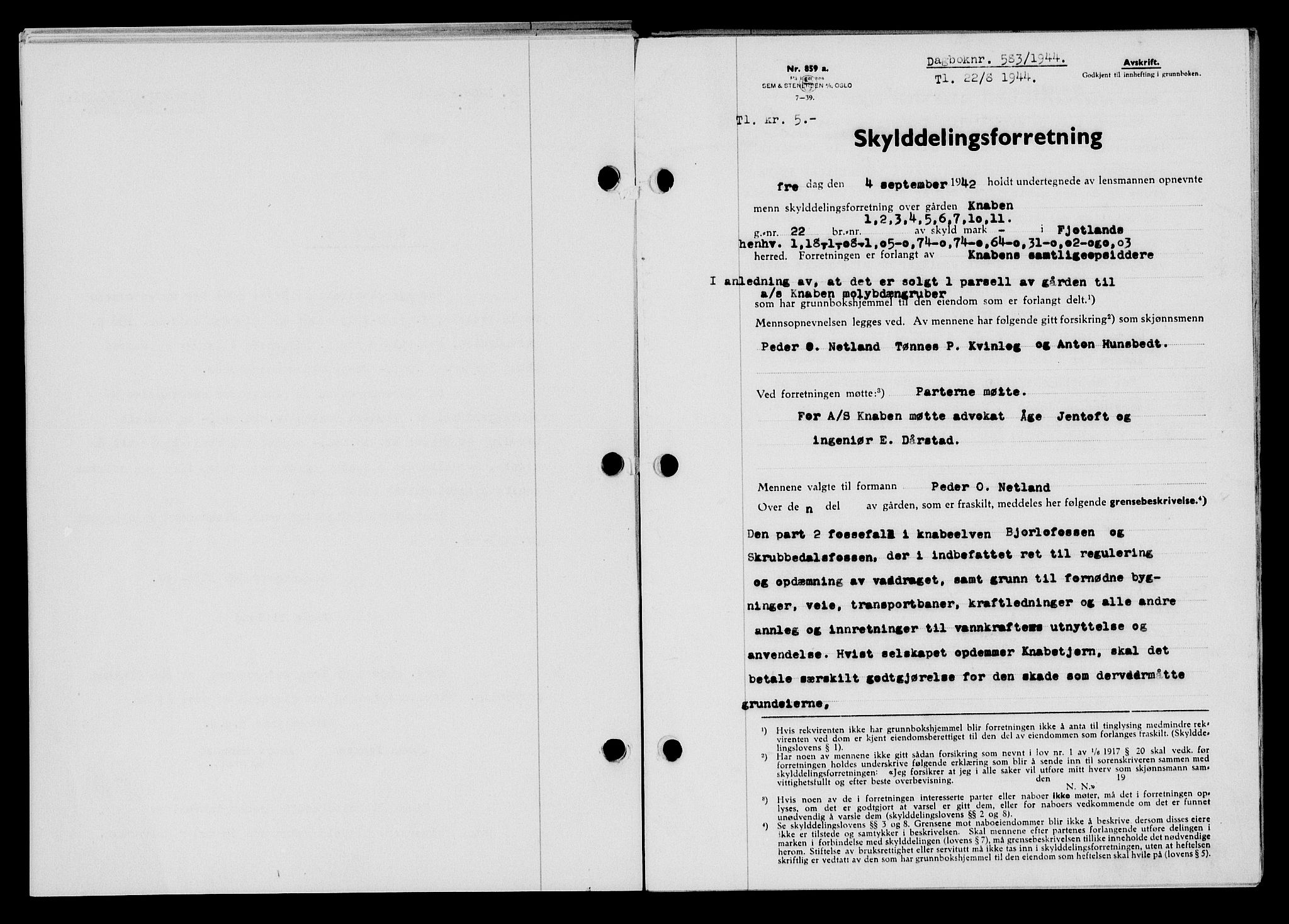 Flekkefjord sorenskriveri, SAK/1221-0001/G/Gb/Gba/L0059: Mortgage book no. A-7, 1944-1945, Diary no: : 583/1944