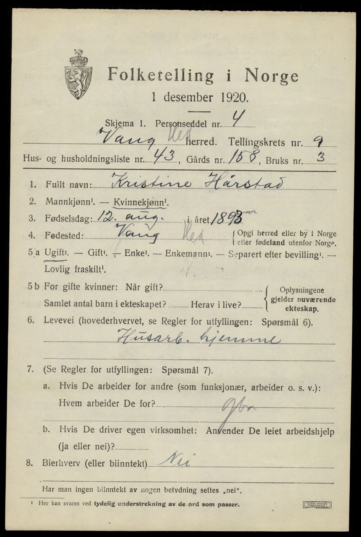 SAH, 1920 census for Vang (Hedmark), 1920, p. 18609