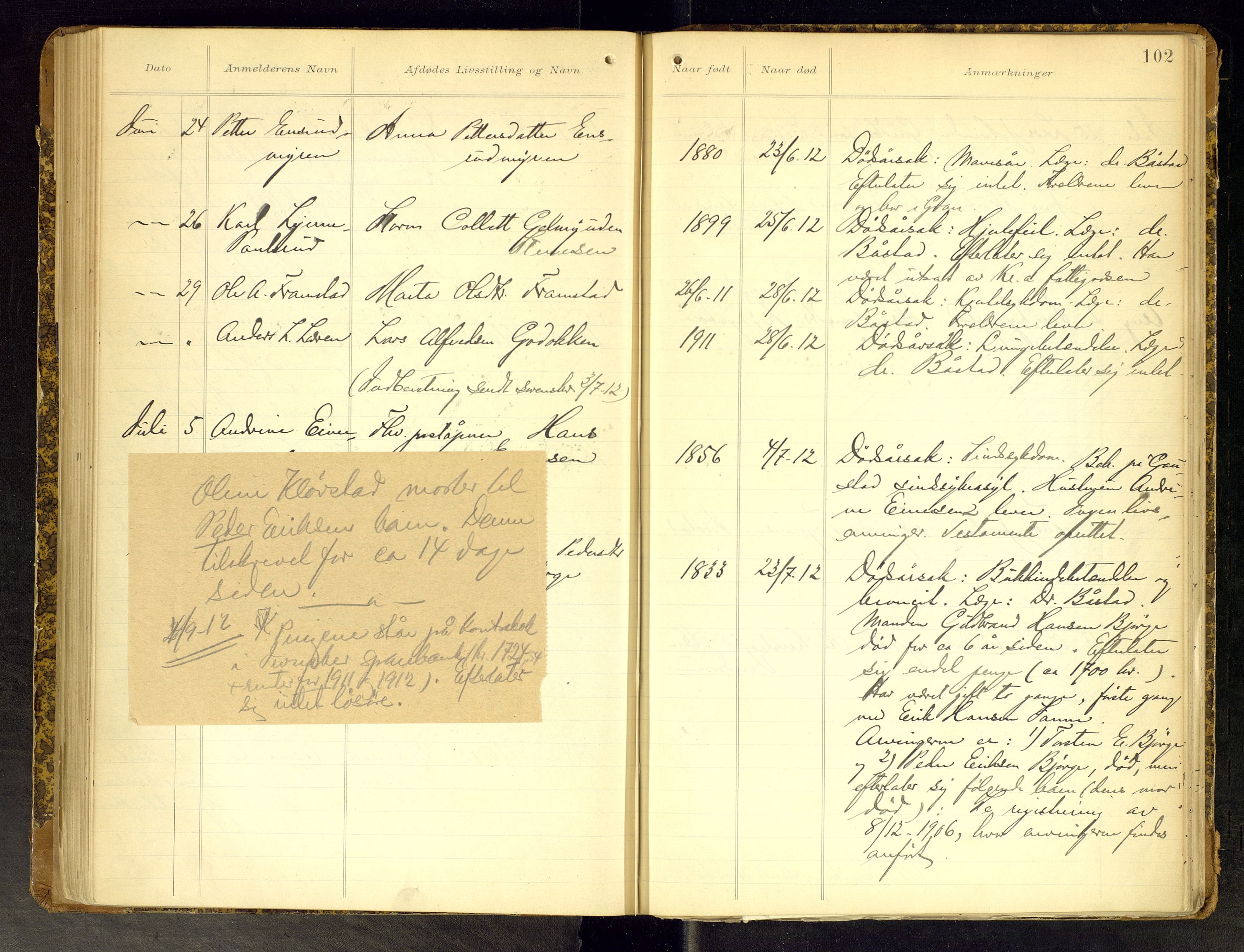 Gran lensmannskontor, AV/SAH-LOG-010/H/Ha/L0002: Dødsfallsprotokoll, 1899-1917, p. 102