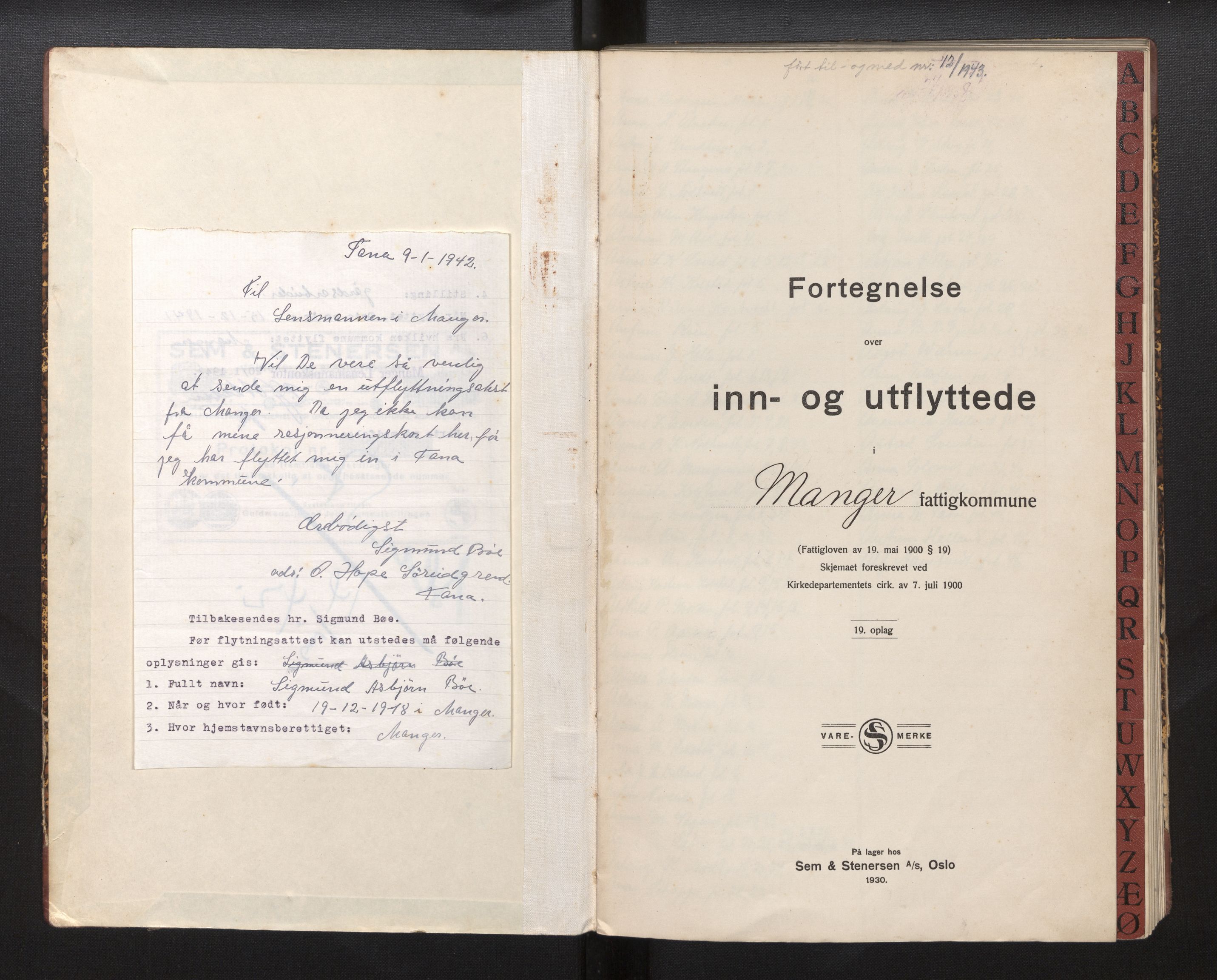 Lensmannen i Manger, SAB/A-33701/0020/L0006: Protokoll over inn- og utflytte, Manger, 1931-1943