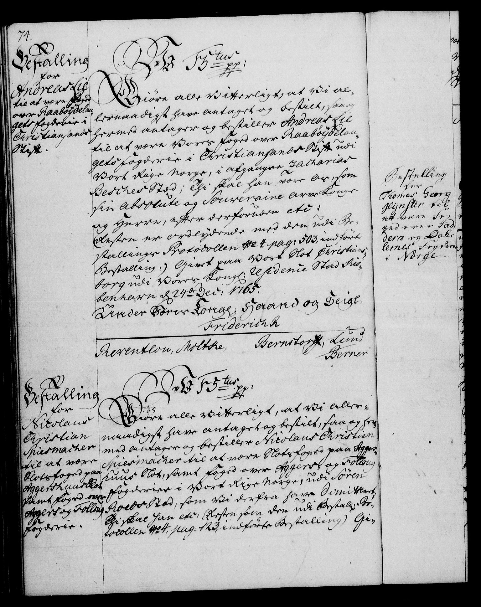 Rentekammeret, Kammerkanselliet, RA/EA-3111/G/Gg/Gge/L0004: Norsk bestallingsprotokoll med register (merket RK 53.28), 1762-1771, p. 74