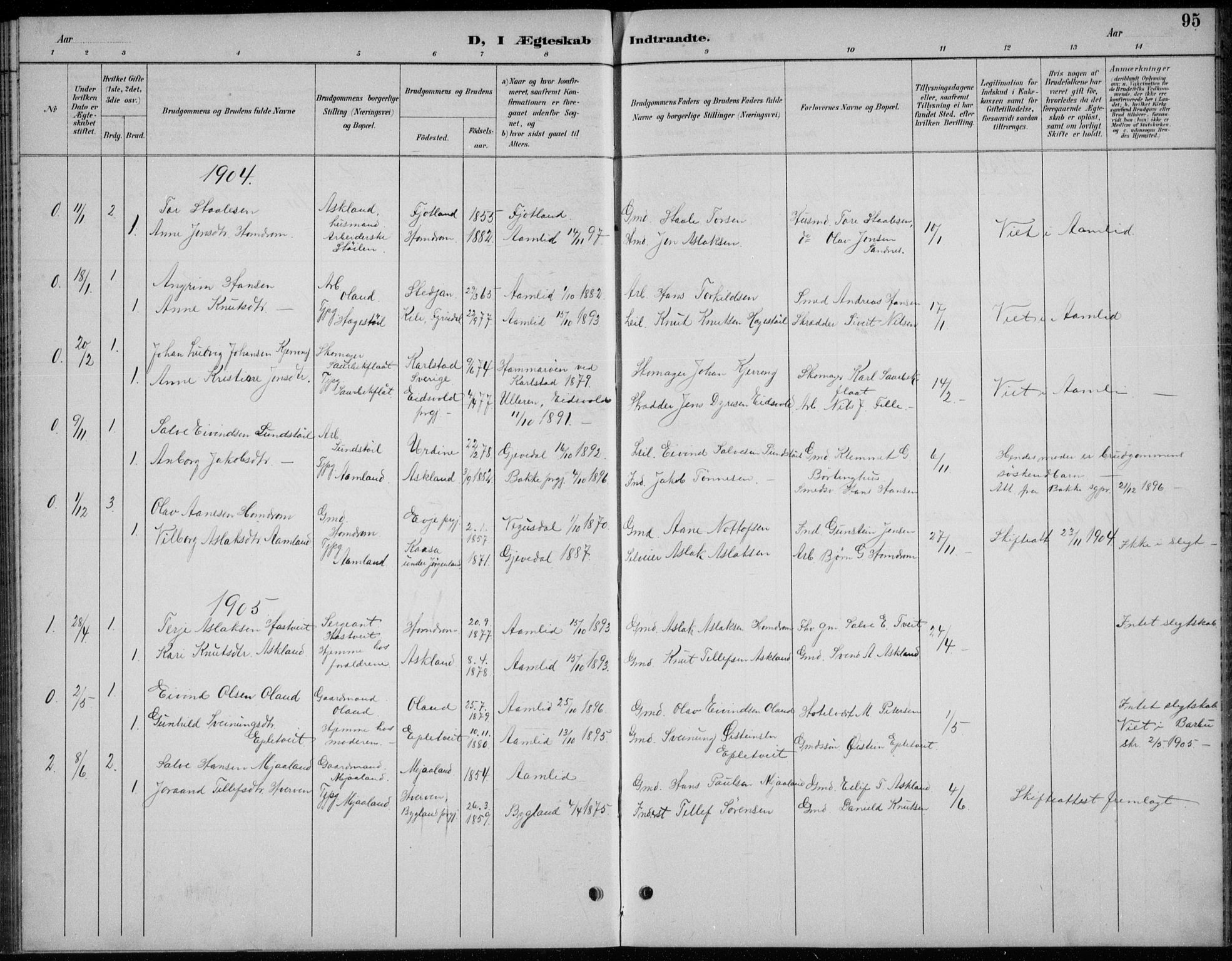 Åmli sokneprestkontor, AV/SAK-1111-0050/F/Fb/Fba/L0002: Parish register (copy) no. B 2, 1890-1912, p. 95