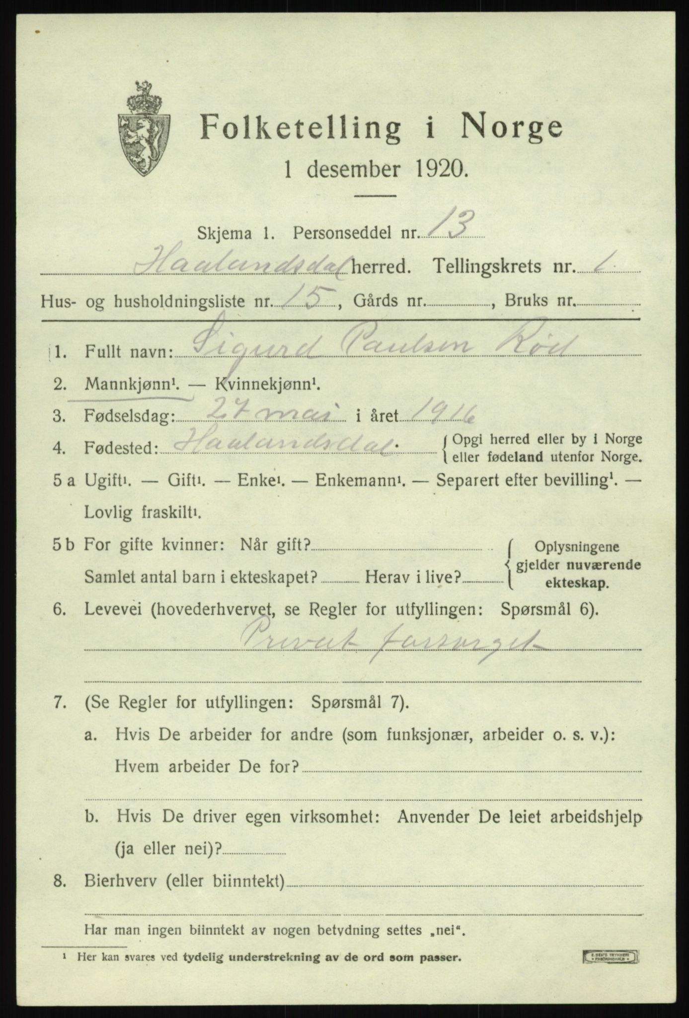 SAB, 1920 census for Hålandsdal, 1920, p. 462