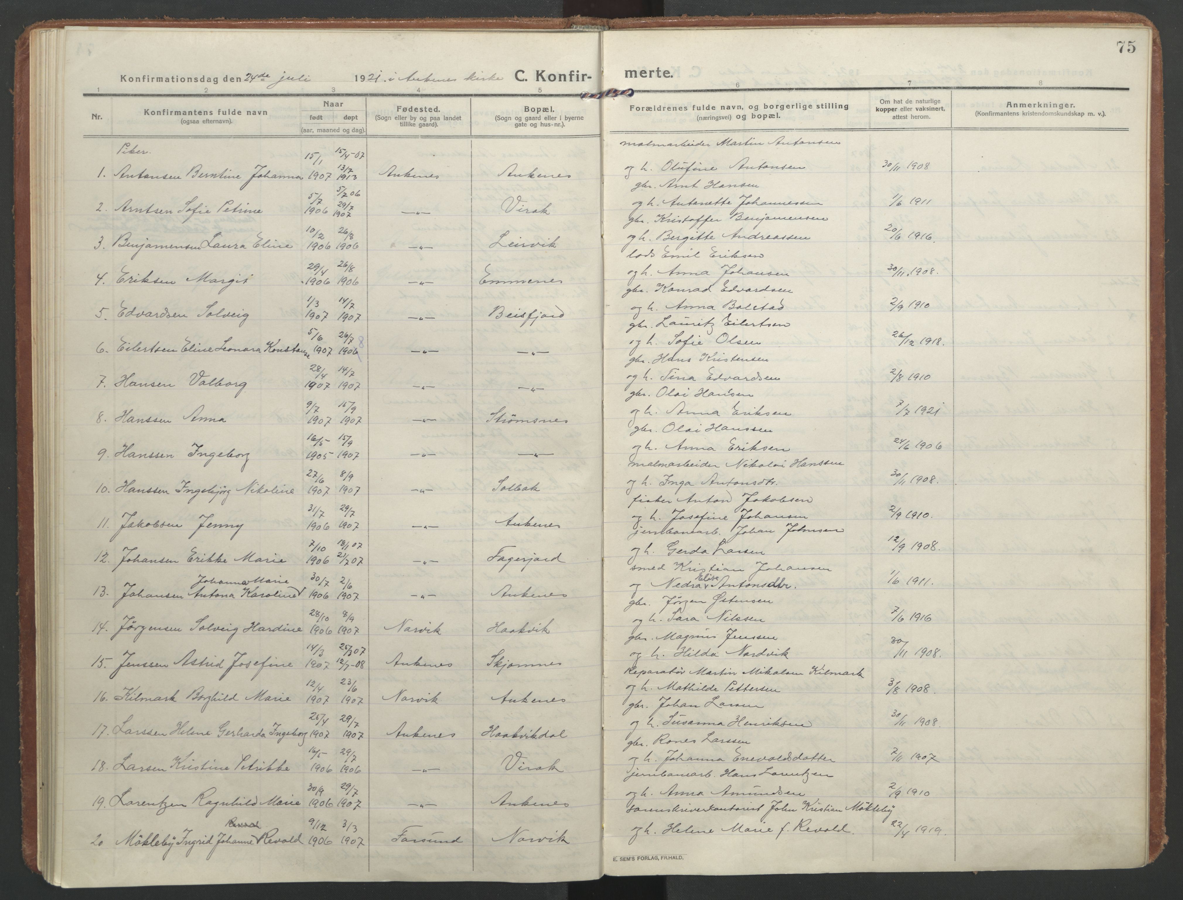 Ministerialprotokoller, klokkerbøker og fødselsregistre - Nordland, AV/SAT-A-1459/866/L0944: Parish register (official) no. 866A07, 1906-1926, p. 75