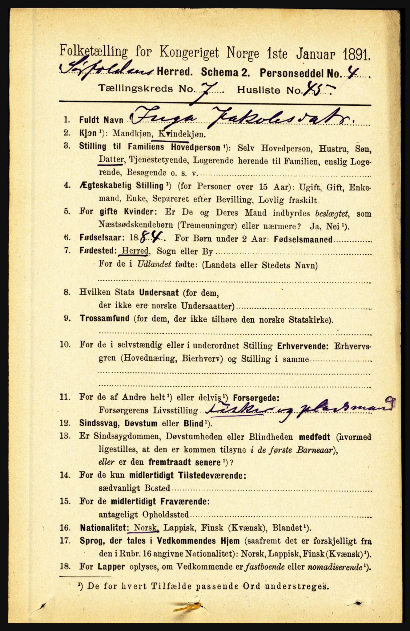 RA, 1891 census for 1845 Sørfold, 1891, p. 2514