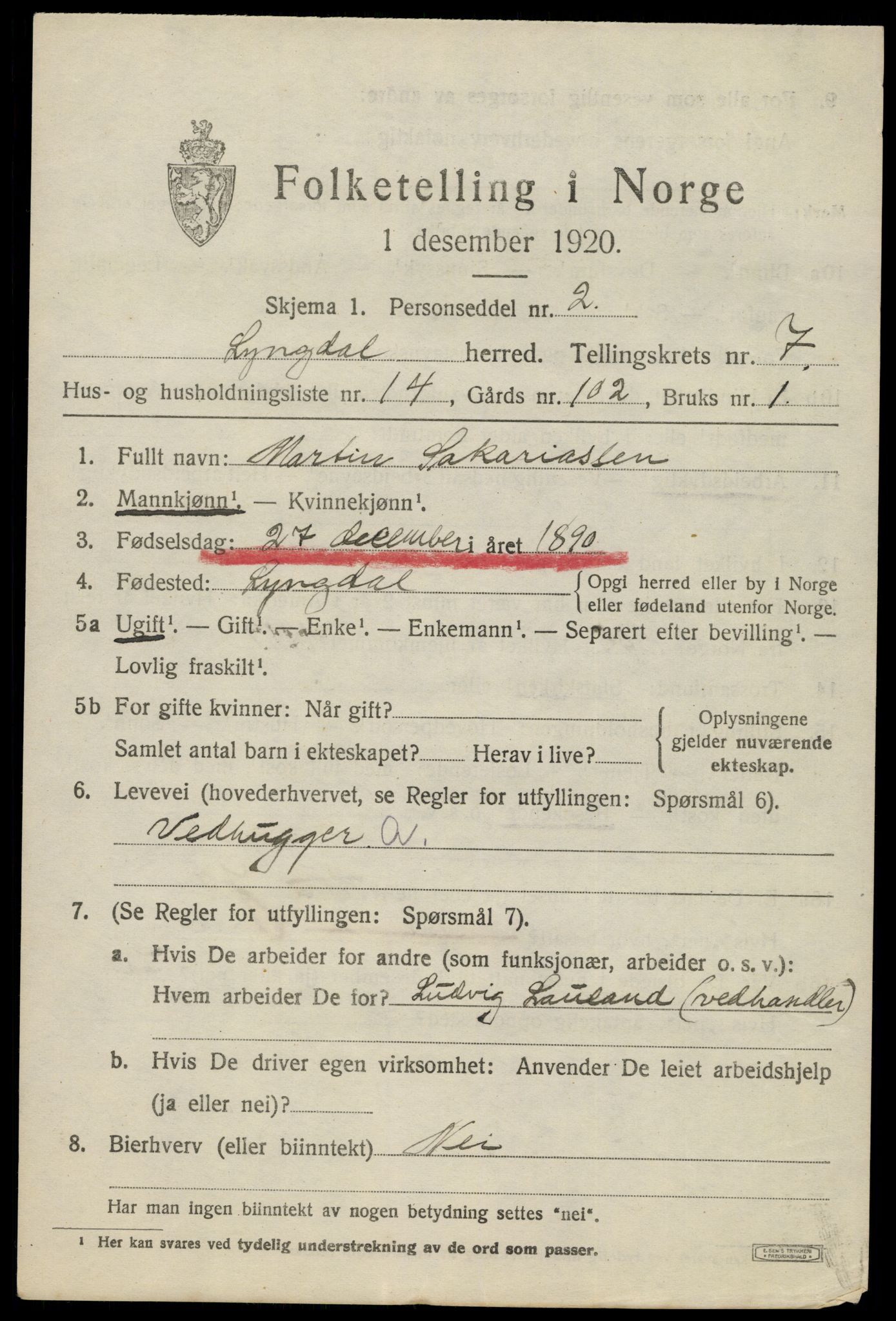 SAK, 1920 census for Lyngdal, 1920, p. 3973