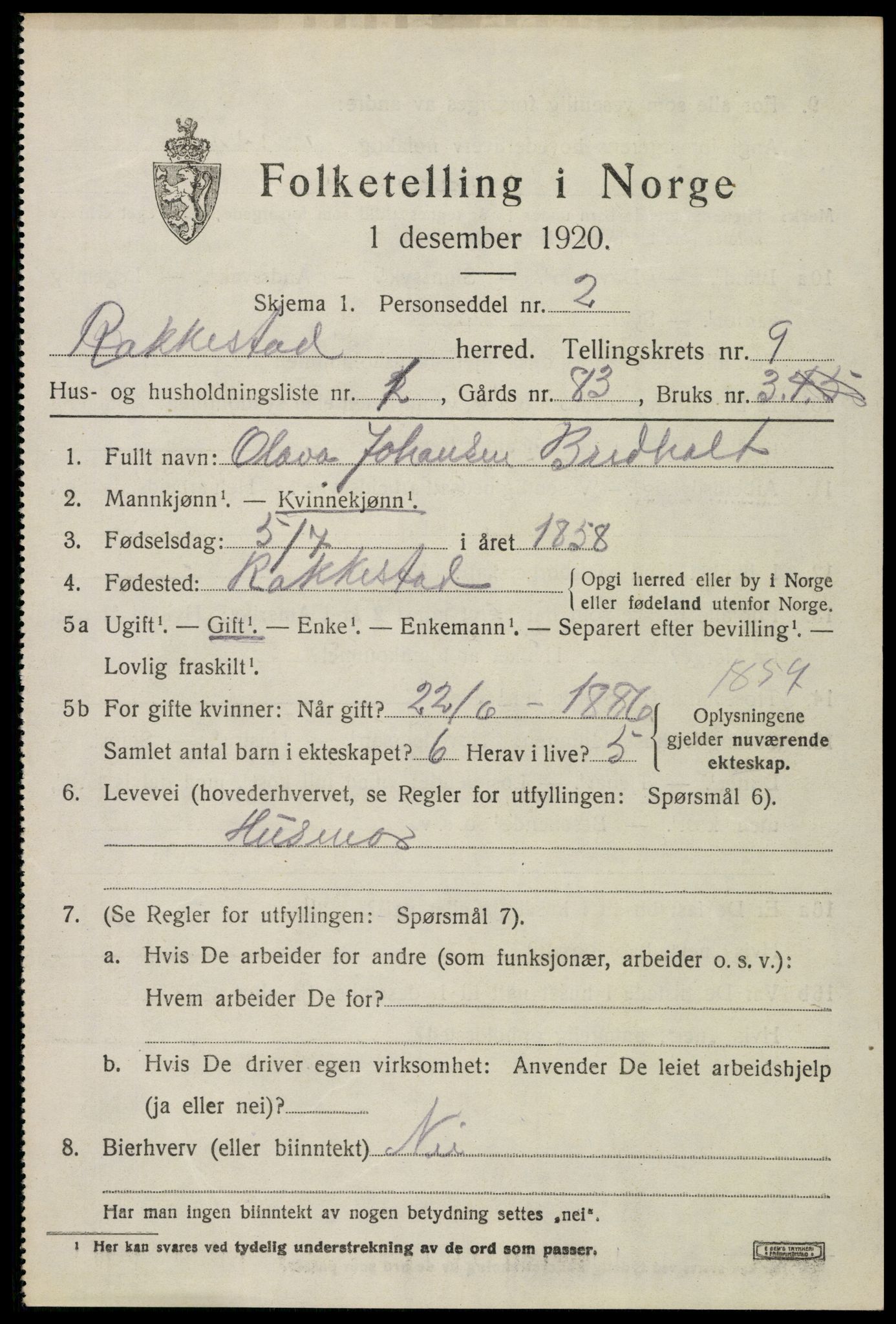 SAO, 1920 census for Rakkestad, 1920, p. 8229