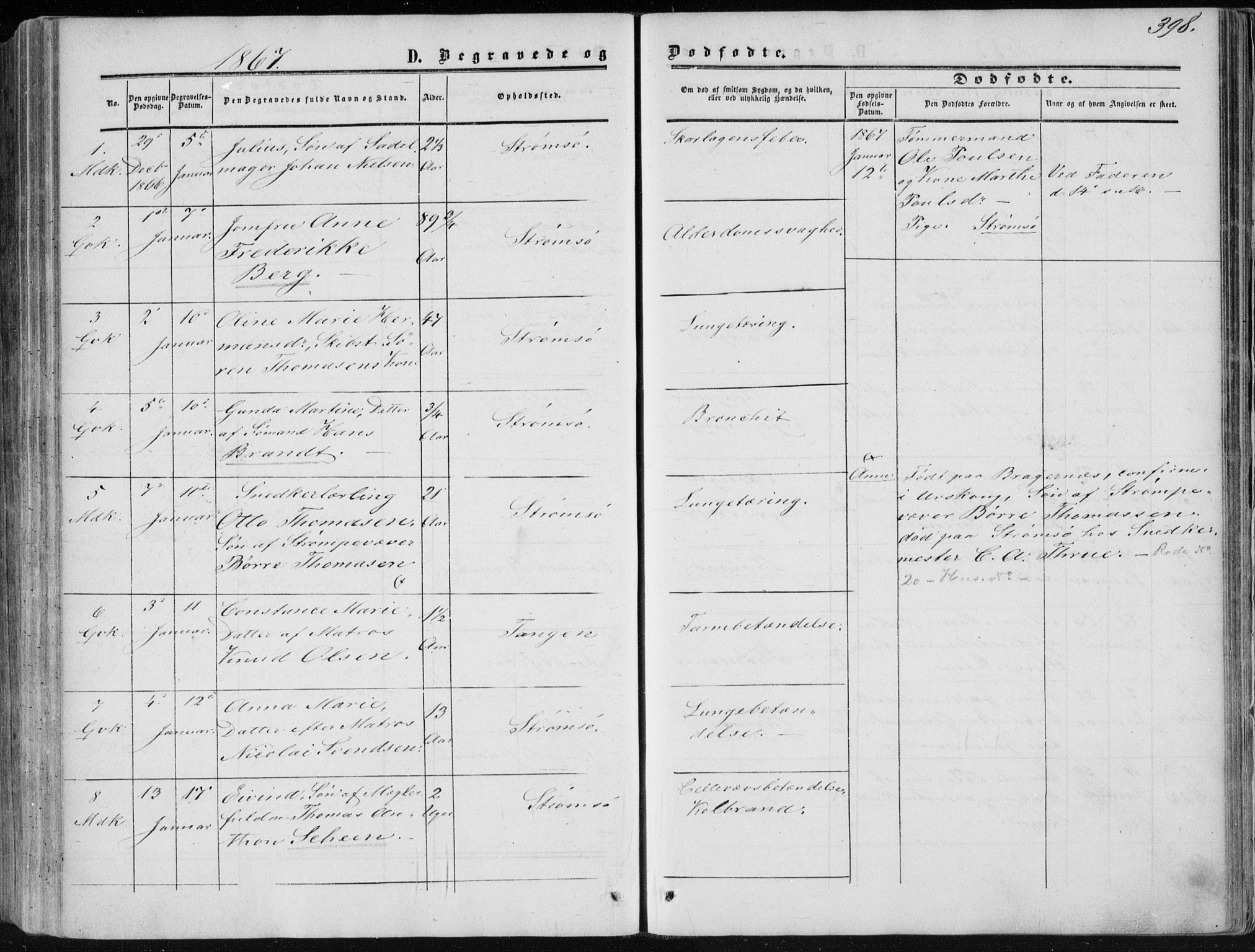 Strømsø kirkebøker, AV/SAKO-A-246/F/Fa/L0015: Parish register (official) no. I 15, 1859-1868, p. 398