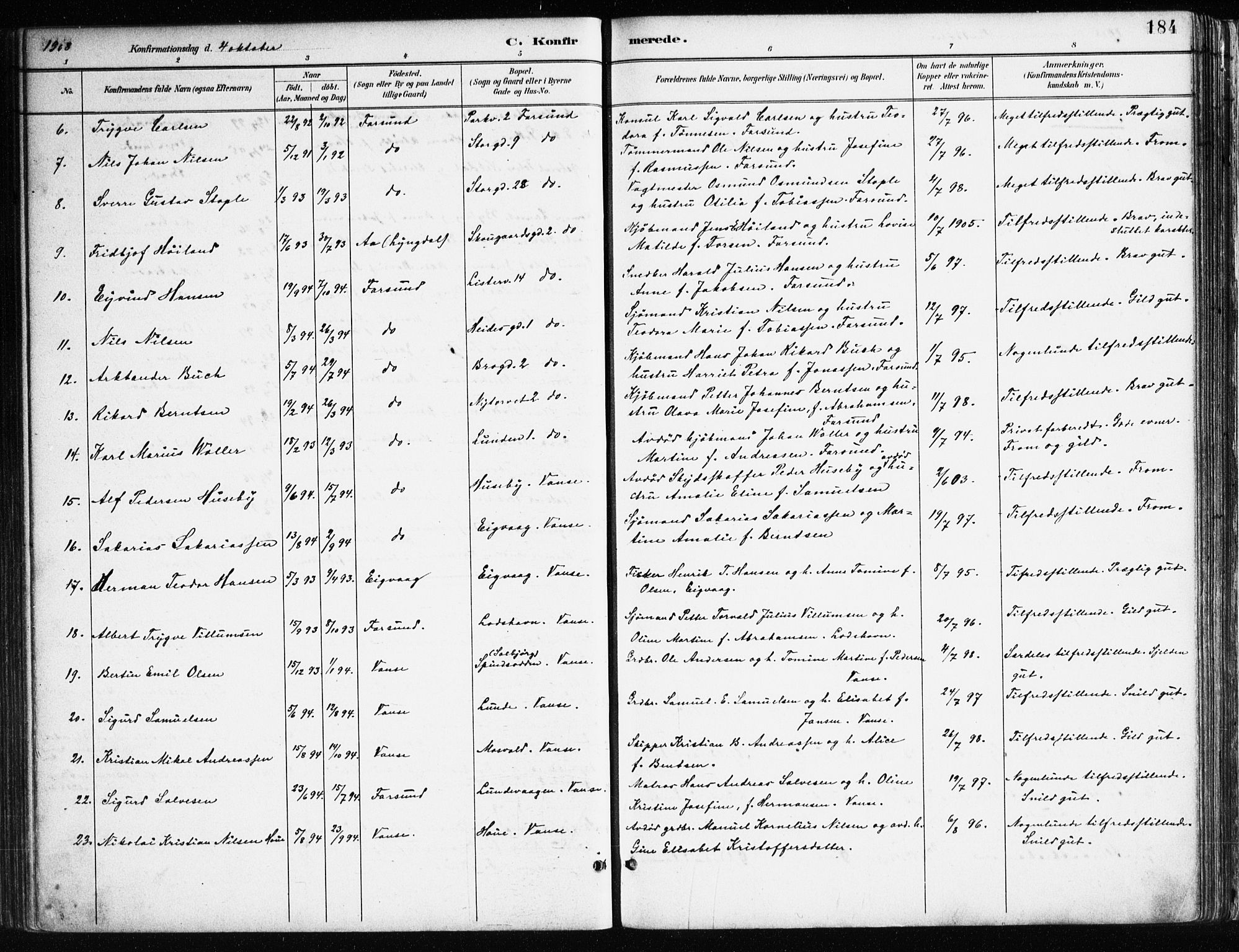 Farsund sokneprestkontor, SAK/1111-0009/F/Fa/L0006: Parish register (official) no. A 6, 1887-1920, p. 184