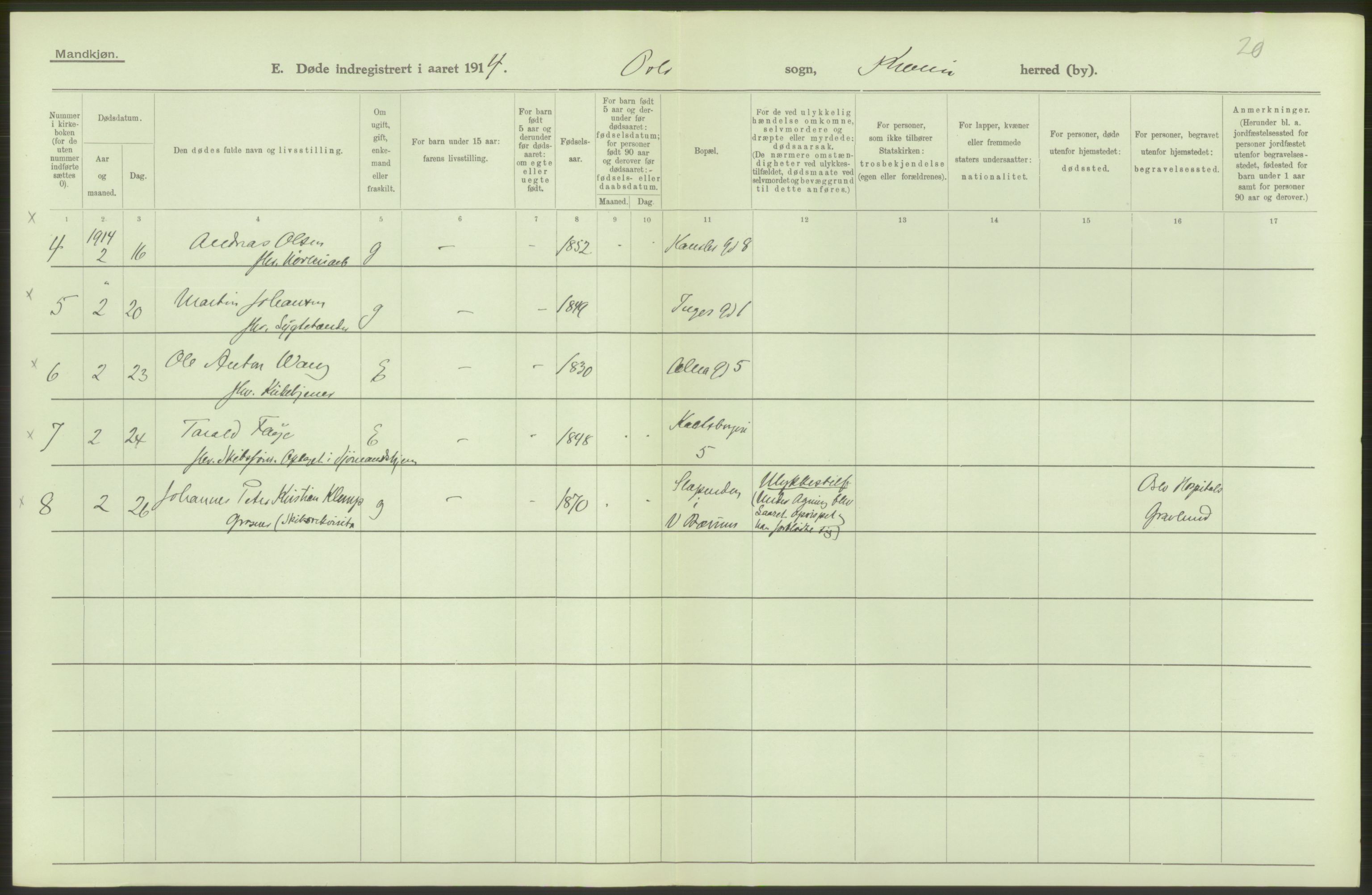 Statistisk sentralbyrå, Sosiodemografiske emner, Befolkning, AV/RA-S-2228/D/Df/Dfb/Dfbd/L0008: Kristiania: Døde, 1914, p. 140