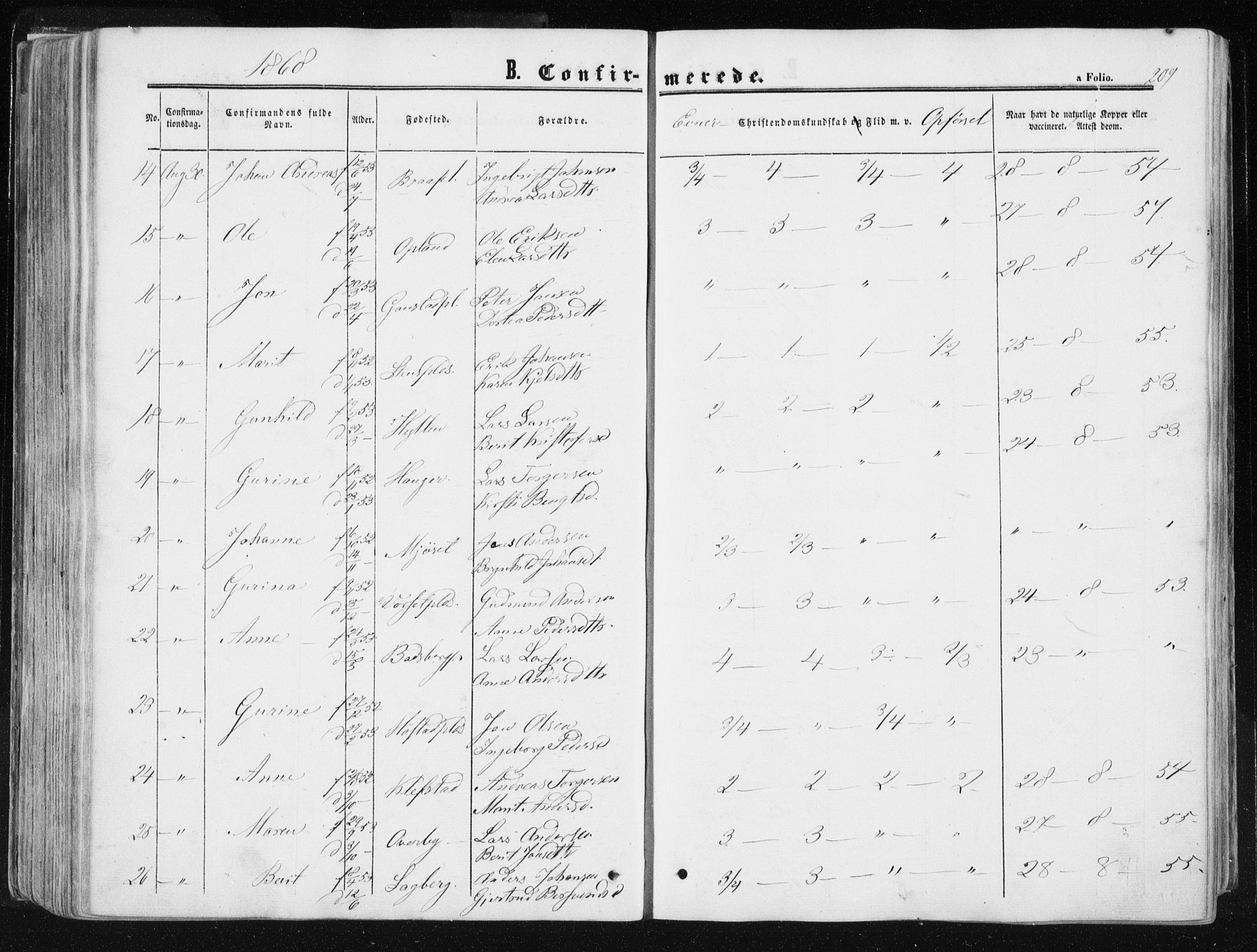 Ministerialprotokoller, klokkerbøker og fødselsregistre - Sør-Trøndelag, SAT/A-1456/612/L0377: Parish register (official) no. 612A09, 1859-1877, p. 209