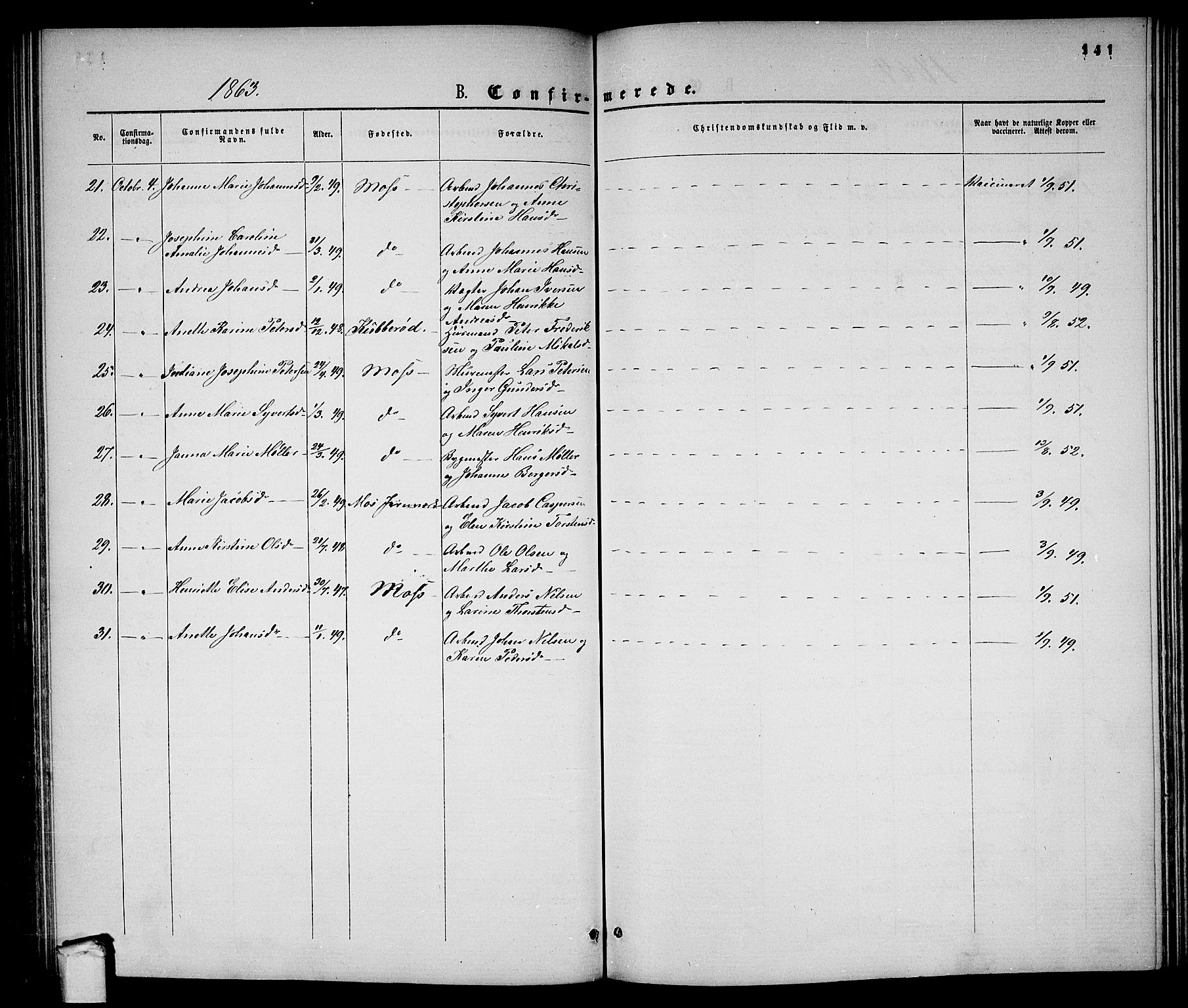 Moss prestekontor Kirkebøker, AV/SAO-A-2003/G/Ga/L0003: Parish register (copy) no. I 3, 1861-1872, p. 141