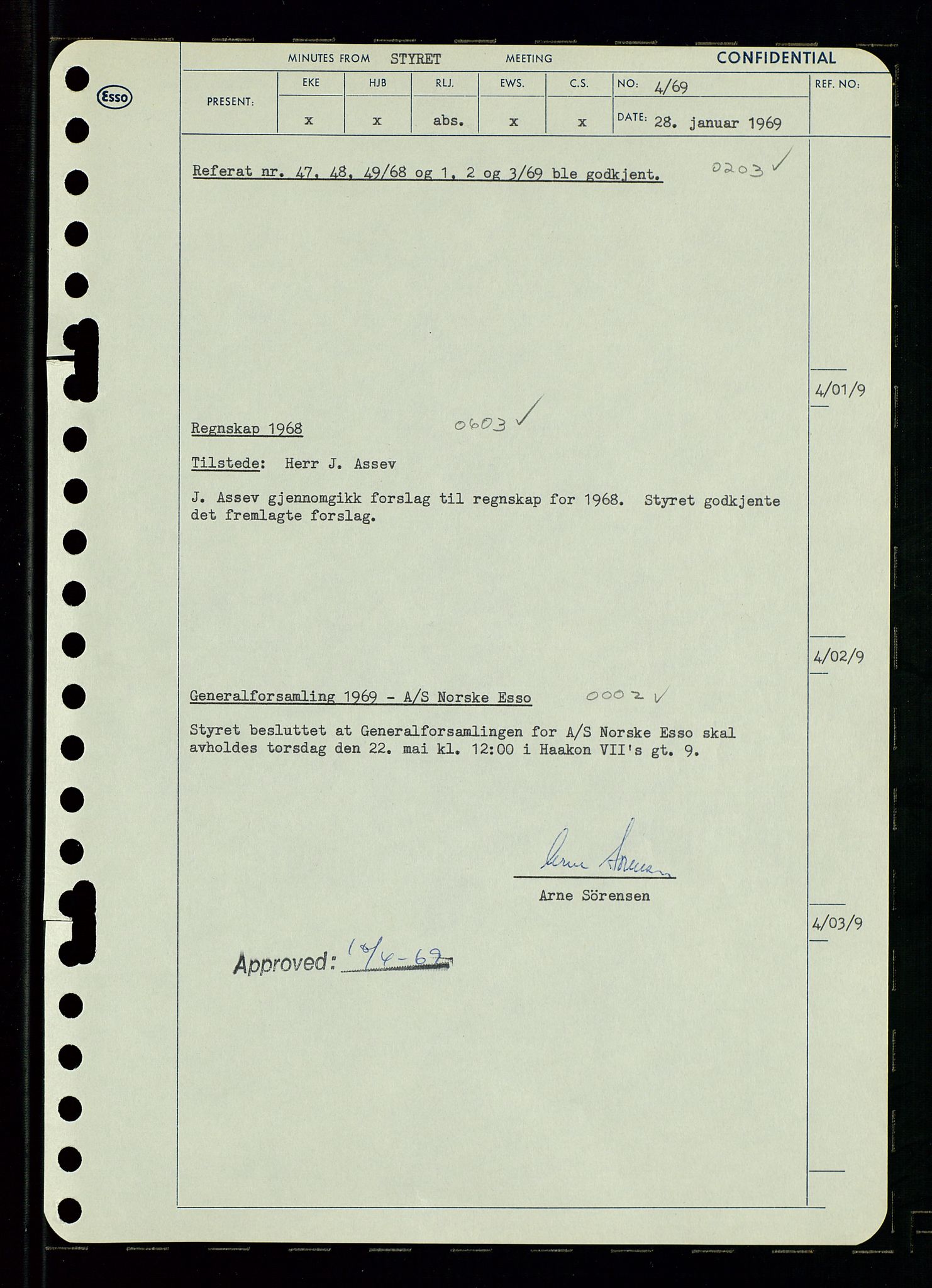 Pa 0982 - Esso Norge A/S, AV/SAST-A-100448/A/Aa/L0003/0001: Den administrerende direksjon Board minutes (styrereferater) og Bedriftforsamlingsprotokoll / Den administrerende direksjon Board minutes (styrereferater), 1969, p. 5