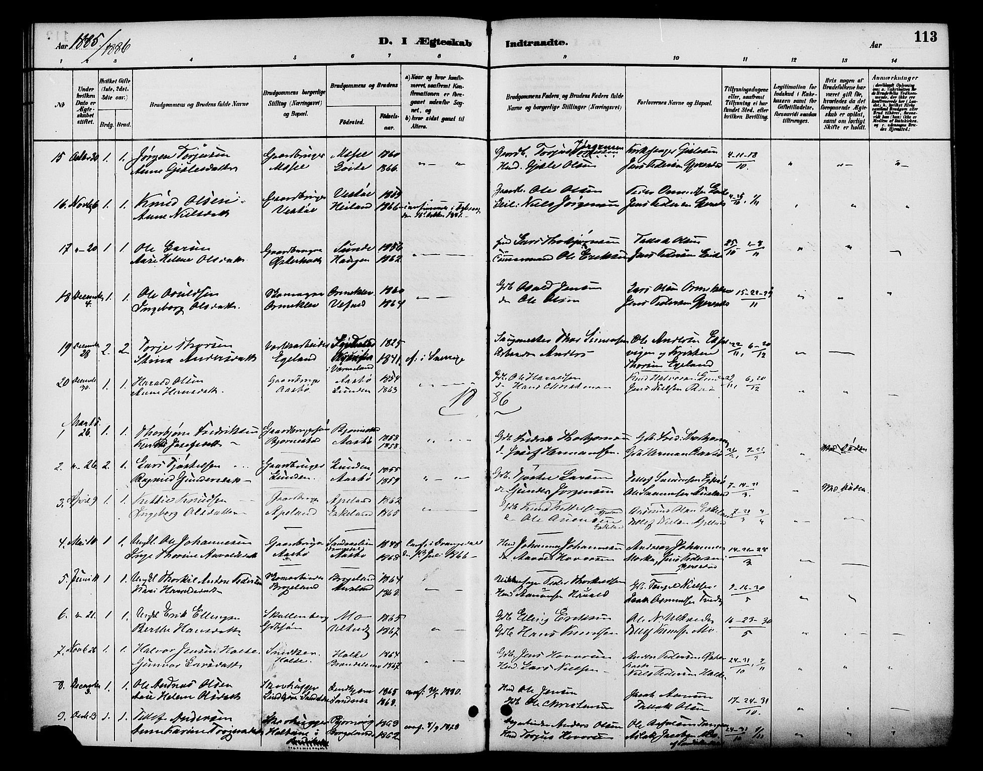 Gjerstad sokneprestkontor, AV/SAK-1111-0014/F/Fa/Faa/L0009: Parish register (official) no. A 9, 1885-1890, p. 113